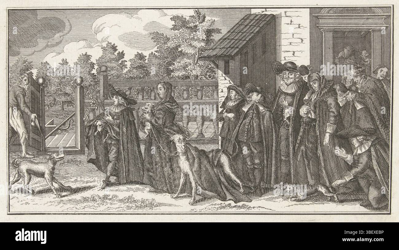 Paesi Bassi settentrionali, Funeral of the dog of scout Bondt, 1634, Paesi Bassi settentrionali, Back-Stamp, Funeral of Tijter, il cane dello scout di Leida, Willem de Bondt, 29 gennaio 1634. Sfilata funebre di varie persone in abiti luttuosi, tra cui il pagliaccio, un persecutore pesante dei dimostranti di Leida., stampa, spot, stampe, lastre di storia di Frederik Muller, altezza 158 mm, larghezza 255 mm, stampatore, 1707 - 1710, primo quarto del XVIII secolo, carta, incisione, concetto di lavoro Foto Stock