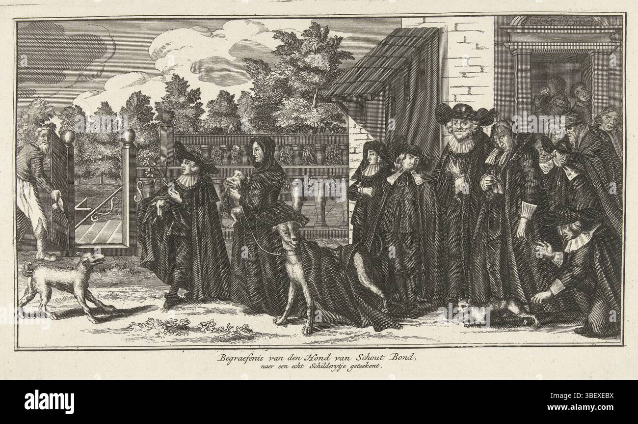 Paesi Bassi del Nord, Funeral of the Dog of Schout Bond, a Real Schilderytje firmato, Funeral of the dog of scout Bondt, 1634, Paesi Bassi del Nord, Funeral of Tijter, the dog of the Leiden scout Mr. Willem de Bondt, 29 gennaio 1634. Parata funebre di diverse persone in abiti luttuosi, tra cui il pagliaccio, un persecutore pesante dei dimostranti di Leida., stampa, riflettori, stampe, tavole di storia di Frederik Muller, altezza 157 mm, larghezza 259 mm, stampatore, 1705 - 1707, primo quarto del xviii secolo, carta, incisione, incisione Foto Stock