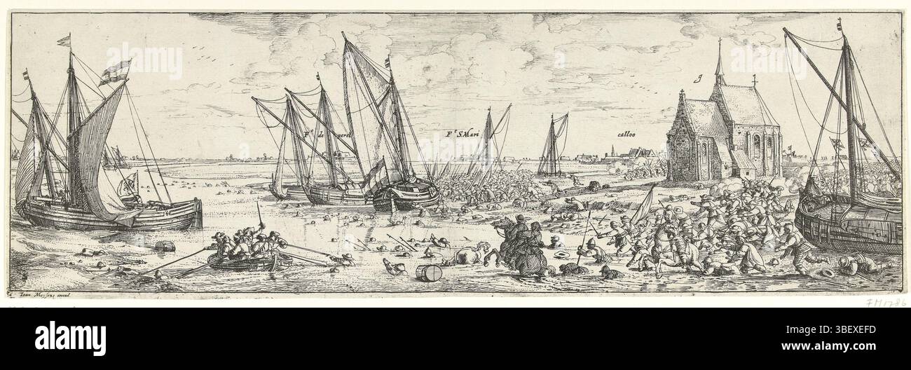 Sconosciuto, Paesi Bassi meridionali, Meyssens, Joannes, Peeters, Bonaventura (i), fallito attacco al forte Kallo, 1638, sconosciuto, fallito attacco al forte Kallo da parte dell'esercito di Stato al comando del conte Willem van Nassau-Siegen il 21 giugno 1638. Ensemble di due tavole e due fogli in olandese e francese, stampa, notizie, stampe, Frederik Muller Historyplates, altezza 710 mm, larghezza 480 mm, Zuid-Nederlands, 1614-07-23 - 1652-07-25, stampatore, 1638 - 1638, secondo trimestre XVII secolo, carta, incisione, pubblicazione (evento), pubblicazione, 1612-05-17 - 1670-09-18, editore, fornitore di privilegi Foto Stock