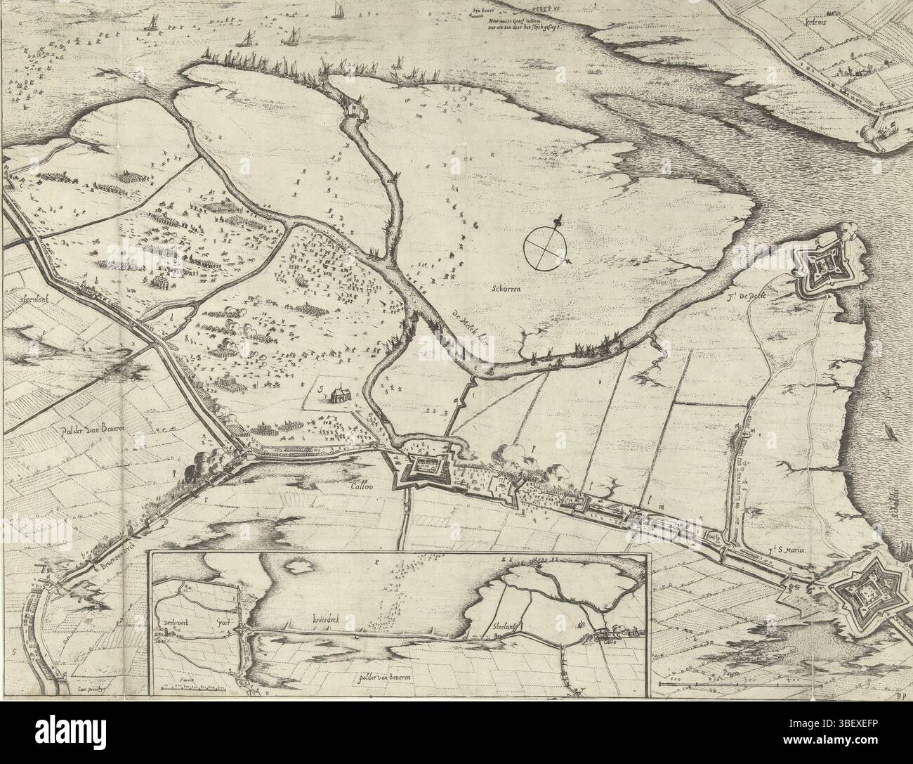 Sconosciuto, Paesi Bassi meridionali, Meyssens, Joannes, Peeters, Bonaventura (i), fallito attacco al forte Kallo, 1638, sconosciuto, Plan van het Fort Kallo e il paese circostante. Fallito attacco al forte Kallo da parte dell'esercito di Stato al comando del conte Willem di Nassau-Siegen il 21 giugno 1638. In fondo una scommessa con una mappa del Kruisdijk. Parte di un insieme di due dischi e due fogli di testo in olandese e francese. Stampa, stampa di notizie, stampe, Frederik Muller Historyplaten, altezza 362 mm, larghezza 472 mm, Zuid-Nederlands, 1614-07-23 - 1652-07-25, stampatore, 1638 - 1638, secondo quarto del XVII secolo, carta, incisione, Pub Foto Stock
