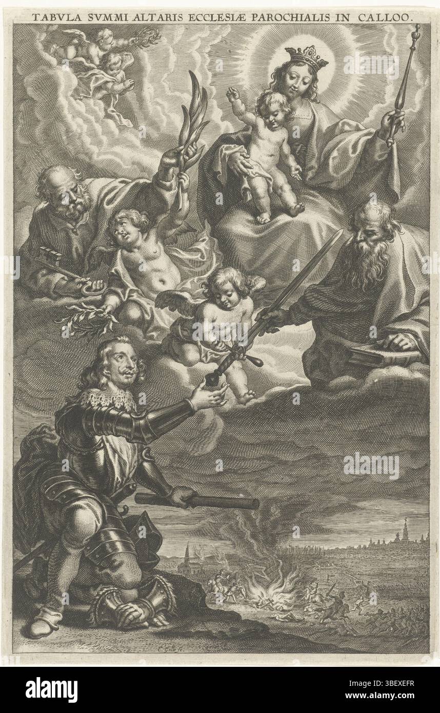 Thulden, Theodoor van, Anversa, Galle, Cornelis (II), Tabula summi altaris ecclesiae parochialis a Calloo, Ferdinando riceve la spada per combattere gli stati a Kallo, 1638, Anversa, 1638. Il cardinale infante riceve la spada dalle mani di Paolo inginocchiato. In cielo Maria con il bambino, Pietro e gli angeli. In background i soldati dell'Esercito di Stato fuggirono sotto il comando del conte Guglielmo di Nassau-Siegen dopo il fallito attacco alla rampa di Kallo, il 21 giugno 1638. Alla pala d'altare della chiesa di Kallo., stampa, stampa propagandistica, stampe, lastre di storia di Frederik Muller, altezza 259 mm, larghezza 171 mm, olandese meridionale, 1 Foto Stock