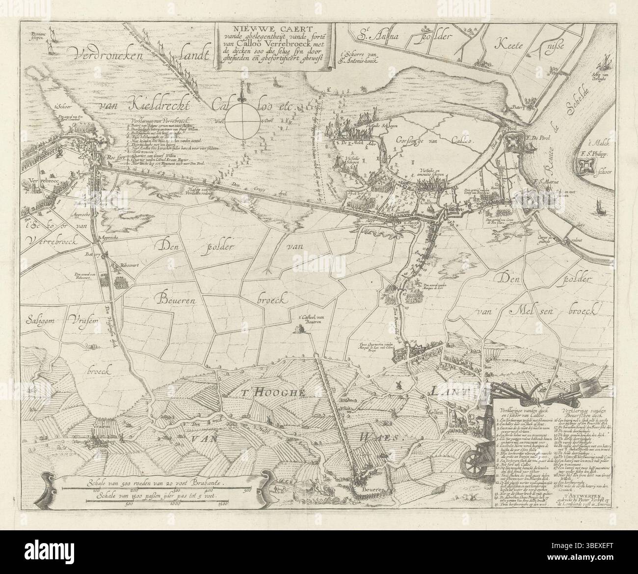 Antwerpen, Verbiest, Pieter (II), Paesi Bassi meridionali, Nieuwe Caert vande ghelegentheyt vande forte[n] van Callo Verrebroeck met de dycken soo die selve syn door ghesneden en 1638 1638 Sotto destra un cartiglio con la legenda 1-30; in alto a sinistra a Verrebroek de legenda a-l., stampa, notizie, mappa, stampe, Frederik Muller Historyplaten, altezza 331 mm, larghezza Foto Stock