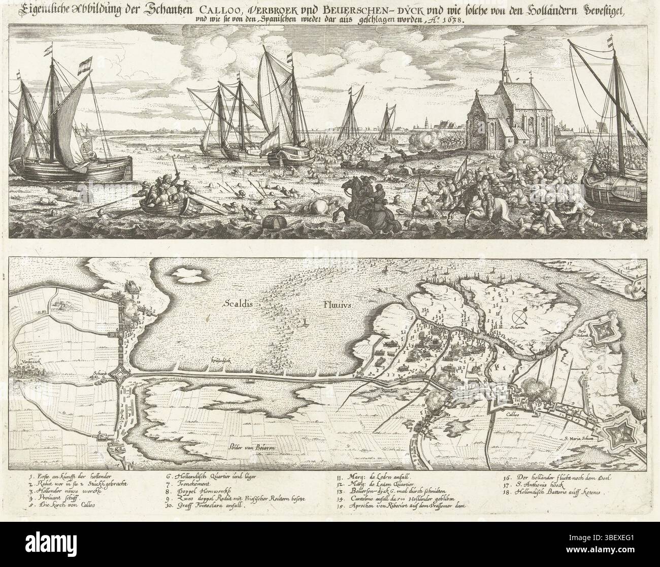 Peeters, Bonaventura (i), Germania, Eigentliche Abbildung der Schantzen Calloo, Verbroek und Beverschen-Dyck und wie solche von den Holländern Confermet, und wie sie von den Spanischen wieder dar aus geschlagen, Ao. 1638, fallito attacco al forte Kallo, 1638, Blade ha incontrato esibizioni in biede. Sopra i soldati in fuga dell'esercito di Stato al comando del conte Willem di Nassau-Siegen dopo il fallito attacco alla rampa di Kallo, 21 giugno 1638. I soldati cercano di raggiungere le barche pronte attraverso l'acqua. Sulla destra si trova la piccola chiesa di Kallo. Sotto un biglietto della diga Cross sulla Schelda e le battaglie aro Foto Stock