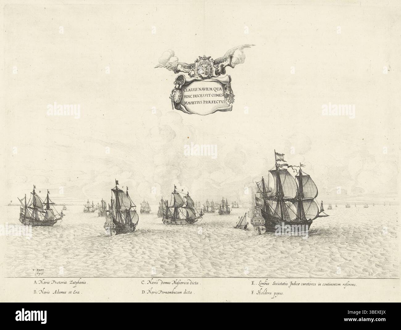Post, Frans Jansz., Paesi Bassi settentrionali, Savery, Salomon, Classis navium qua hisnc discessit comes Mauritius praefectus, navigando la flotta di Johan Maurits, 1636, Post, Frans Jansz, conte di Nassau-Siegen, in Brasile, ottobre 1636. Le navi in mare sono rimaste in lontananza, Den Helder. In aria un bandrol con il titolo e l'arma alata di Johan Maurits. Nella didascalia la spiegazione delle lettere A-F in latino. Piatto [nr. 5] in una serie di 55 rappresentazioni del viaggio e del soggiorno in Brasile da parte del conte Johan Maurits van Nassau negli anni 1636-1644., stampa, Frederik Muller piatti storici, h Foto Stock