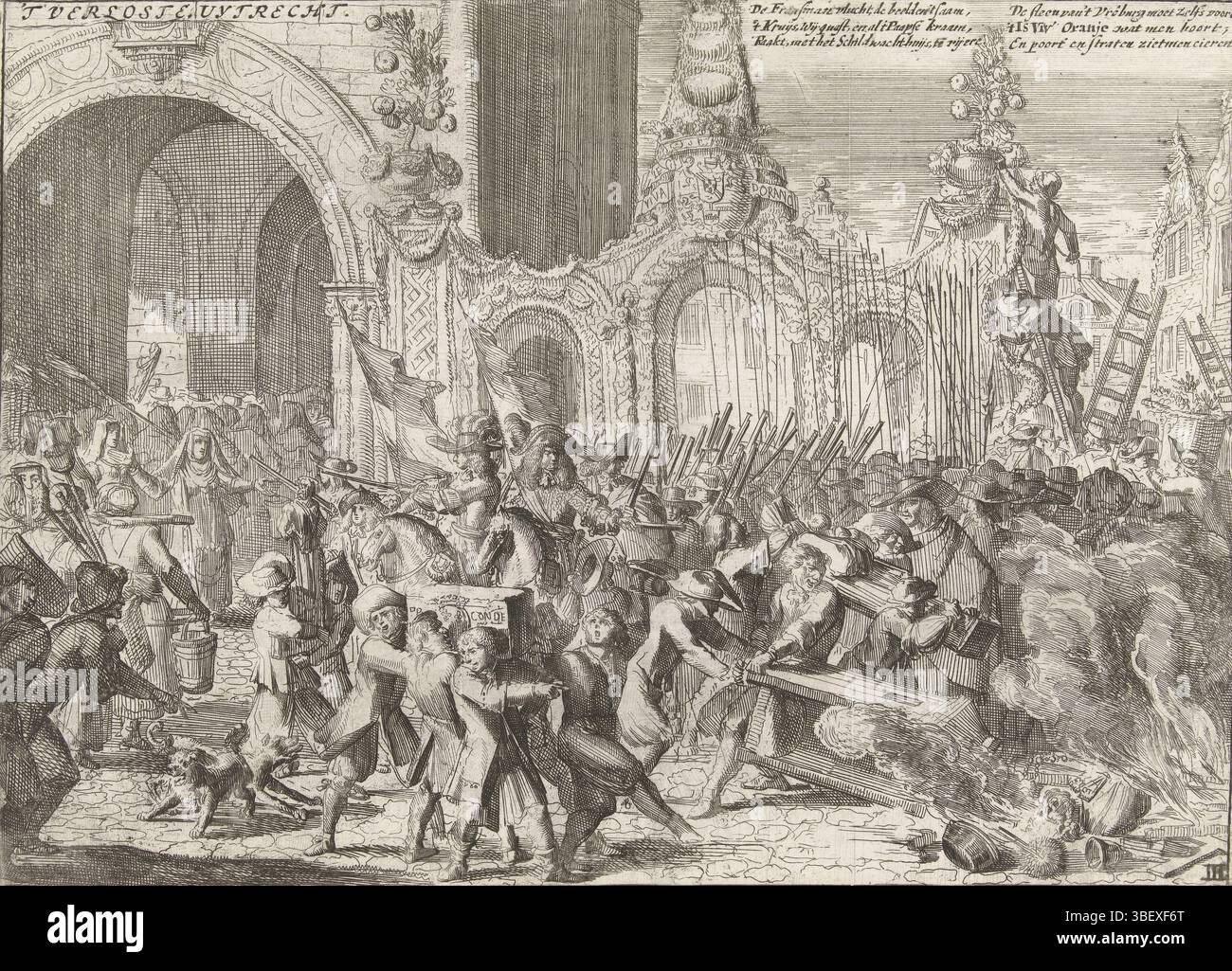 Amsterdam, Schoonebeek, Adriaen, Noordelijke Nederlanden, Ameele, Johannes Jacobsz van den, Uytrechts Verwijsten Aanvalgen in de jaren 1672, 73 it 74, sequenza di cinque stampe sugli eventi di Utrecht nel periodo 1672-74 (ristampa di Schoonebeek), 't Verloste Uytrecht, Het oomen van de Fransen uit Utrecht nel novembre 1673, Amsterdam, Paesi Bassi settentrionali, Het oomen van de Fransen Utrecht il 23 novembre 1673. In primo piano, tutti gli attributi cattolici rimossi dal Duomo sono bruciati. A sinistra, le donne con le scope e lo spazzolino nella chiesa per pulirle di nuovo. In background triump Foto Stock