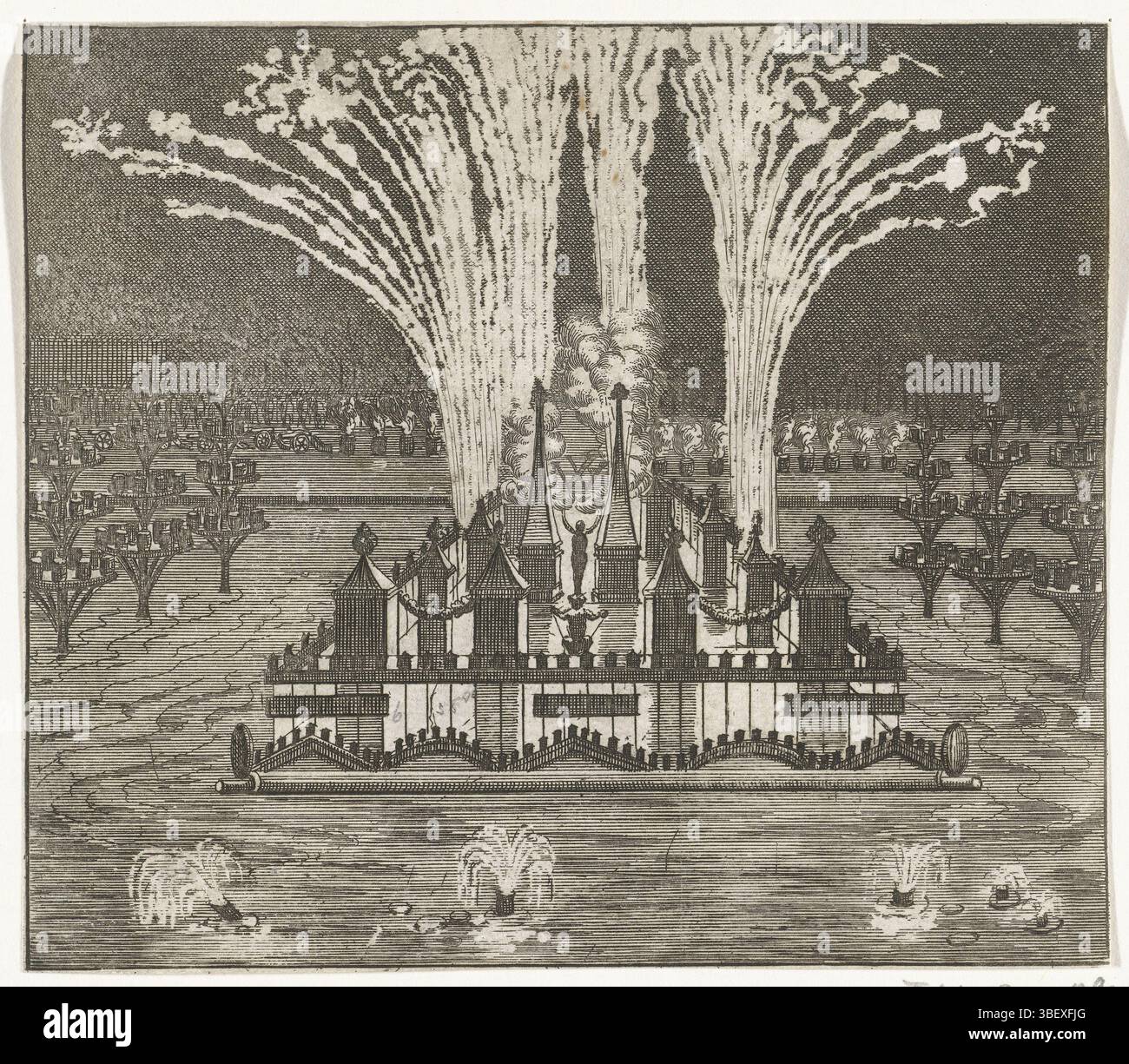 Olanda settentrionale, fuochi d'artificio all'ingresso del re Willem III a l'Aia, 1691., stampa, Frederik Muller Historic plates, altezza 124 mm, larghezza 142 mm, stampatore, 1691 - 1691, quarto quarto del xvii secolo, carta, incisione, incisione Foto Stock