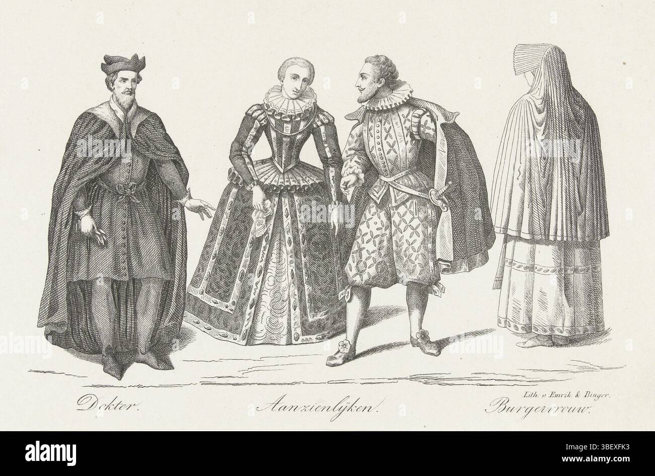 I Paesi Bassi, Emrik & Binger, abbigliamento di uomini e donne olandesi nel XVII secolo, piatto XXXI, Paesi Bassi, abbigliamento di uomini e donne olandesi nel XVII secolo. Abbigliamento di: Medico / significativo, donna cittadina. Numerato in alto a destra: XXXI., stampa, stampa costume, stampe, lastre storia Frederik Muller, altezza 143 mm, larghezza 218 mm, stampatore, 1855 - 1857, carta, litografia (tecniche) Foto Stock