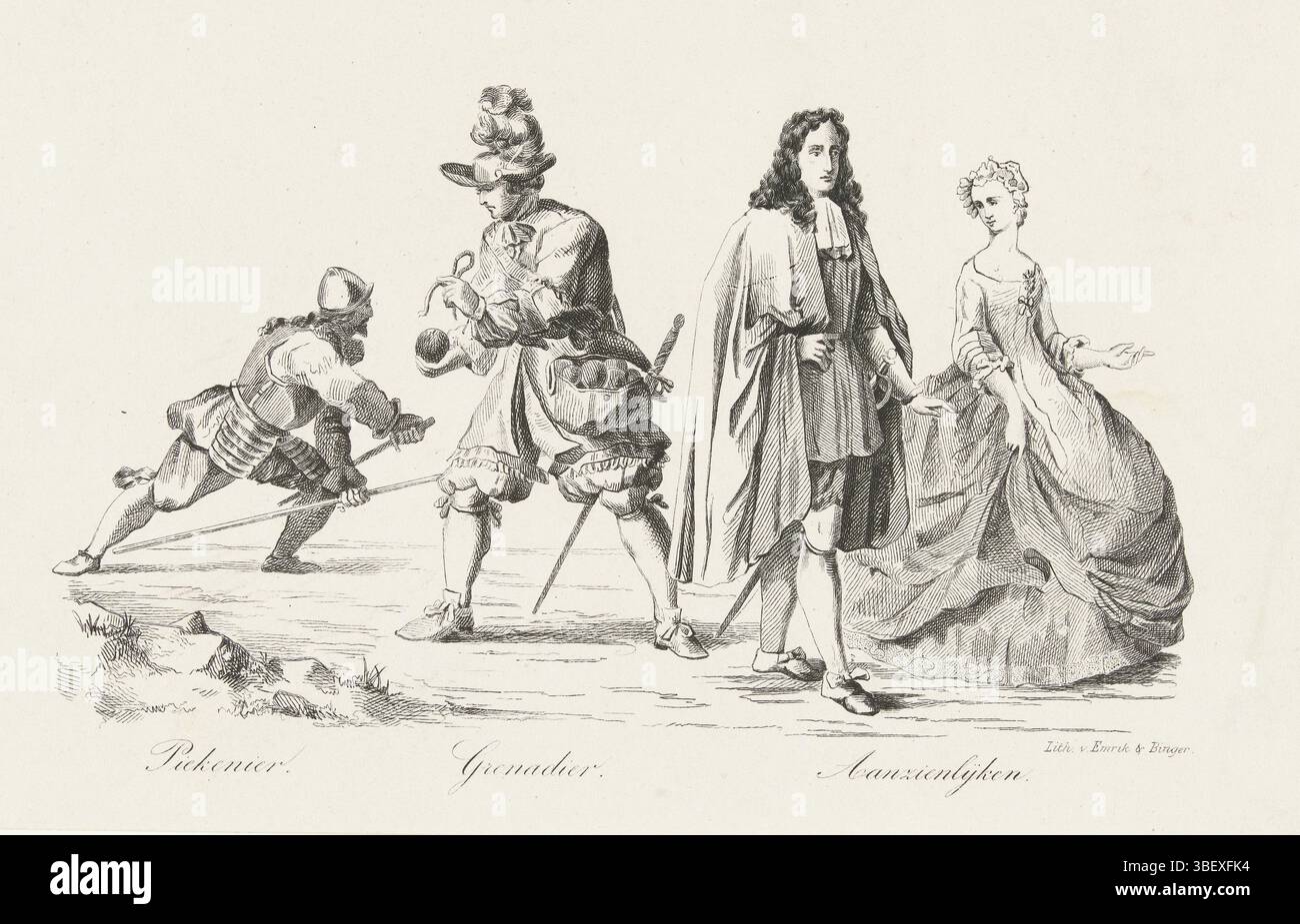 I Paesi Bassi, Emrik & Binger, abbigliamento di uomini e donne olandesi nel XVII secolo, piatto XXXVI, Paesi Bassi, abbigliamento di uomini e donne olandesi nel XVII secolo. Abbigliamento di: Pikonier, Granatiere, significativo. Numerato in alto a destra: XXXVI., stampa, stampa costume, stampe, lastre storia Frederik Muller, altezza 144 mm, larghezza 220 mm, stampatore, 1855 - 1857, carta, litografia (tecniche) Foto Stock