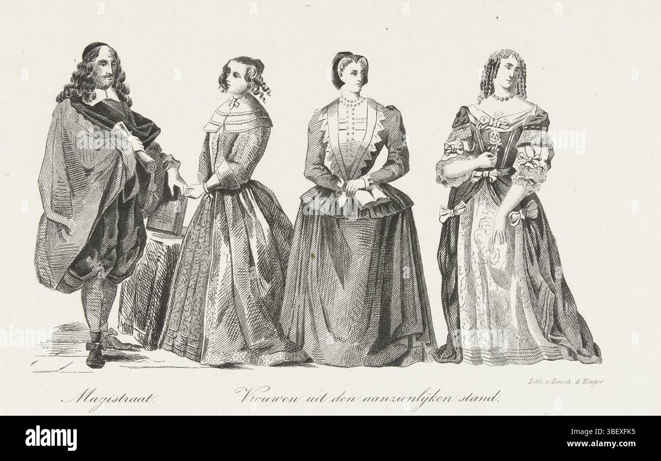 I Paesi Bassi, Emrik & Binger, abbigliamento di uomini e donne olandesi nel XVII secolo, piatto XXXIV, Paesi Bassi, abbigliamento di uomini e donne olandesi nel XVII secolo. Abbigliamento di: Magistrato, donne della posizione significativa. Numerato in alto a destra: XXXIV., stampa, stampa costume, stampe, lastre storia Frederik Muller, altezza 144 mm, larghezza 219 mm, stampatore, 1855 - 1857, carta, litografia (tecniche) Foto Stock