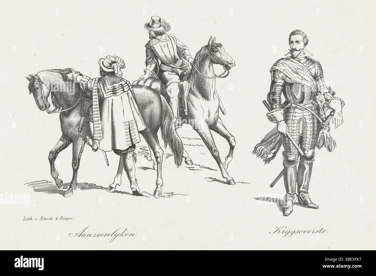 I Paesi Bassi, Emrik & Binger, abbigliamento di uomini e donne olandesi nel XVII secolo, piatto XXXII, Paesi Bassi, abbigliamento di uomini e donne olandesi nel XVII secolo. Abbigliamento di: Significativo, comandante. Numerato in alto a destra: XXXII., stampa, stampa costume, stampe, lastre storia Frederik Muller, altezza 144 mm, larghezza 219 mm, stampatore, 1855 - 1857, carta, litografia (tecniche) Foto Stock