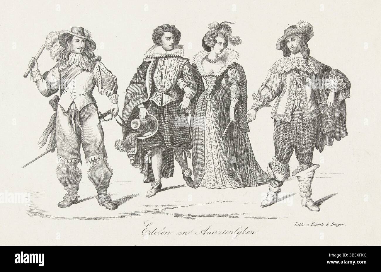 I Paesi Bassi, Emrik & Binger, abbigliamento di uomini e donne olandesi nel XVII secolo, piatto XXXIII, Paesi Bassi, abbigliamento di uomini e donne olandesi nel XVII secolo. Abbigliamento di: Nobile e significativo. Numerato in alto a destra: XXXIII., stampa, stampa costume, stampe, lastre storia Frederik Muller, altezza 141 mm, larghezza 218 mm, stampatore, 1855 - 1857, carta, litografia (tecniche) Foto Stock