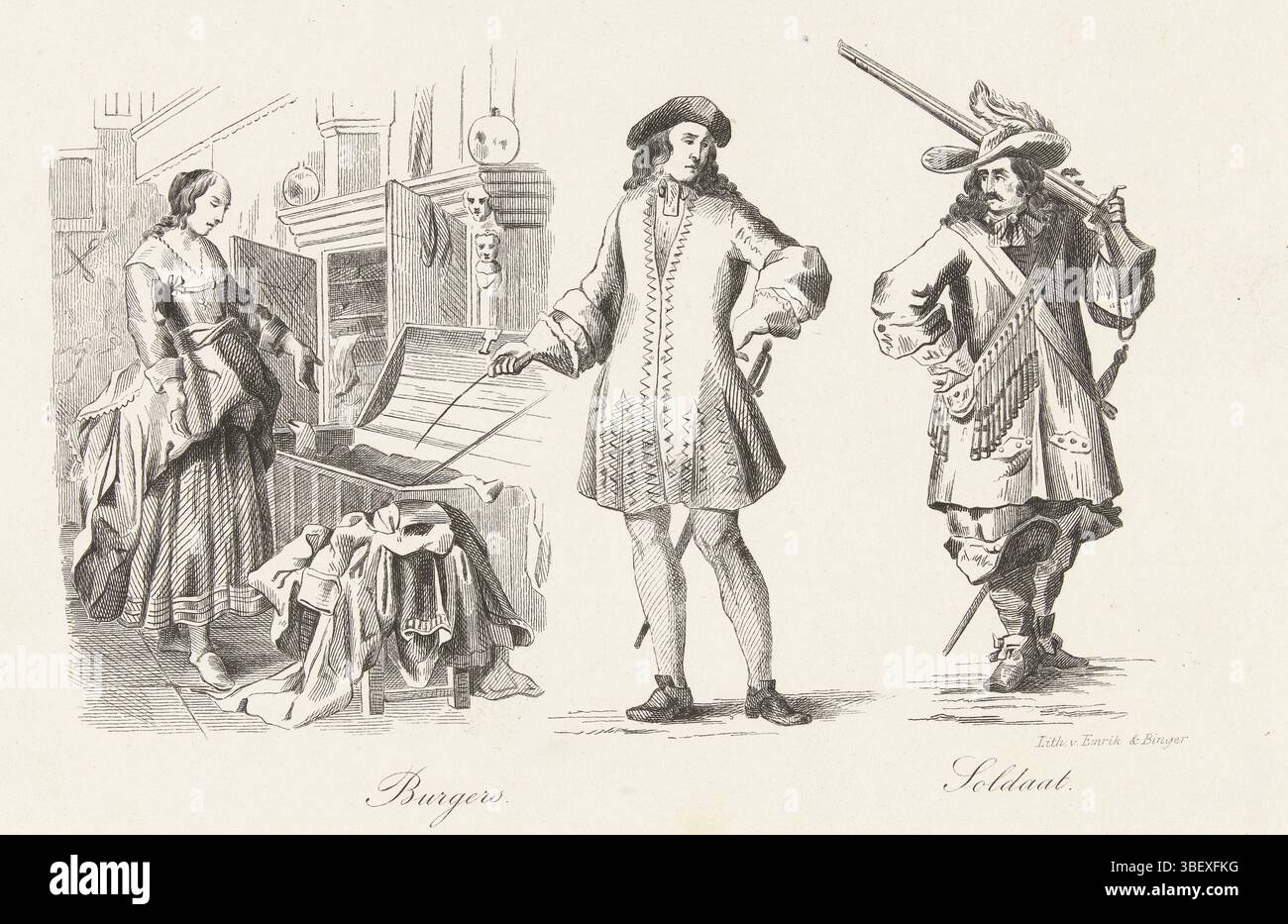 I Paesi Bassi, Emrik & Binger, abbigliamento di uomini e donne olandesi nel XVII secolo, piatto XXXV, Paesi Bassi, abbigliamento di uomini e donne olandesi nel XVII secolo. Vestiti di: Cittadini, soldato. Numerato in alto a destra: XXXV., stampa, stampa costume, stampe, lastre storia Frederik Muller, altezza 145 mm, larghezza 220 mm, stampatore, 1855 - 1857, carta, litografia (tecniche) Foto Stock