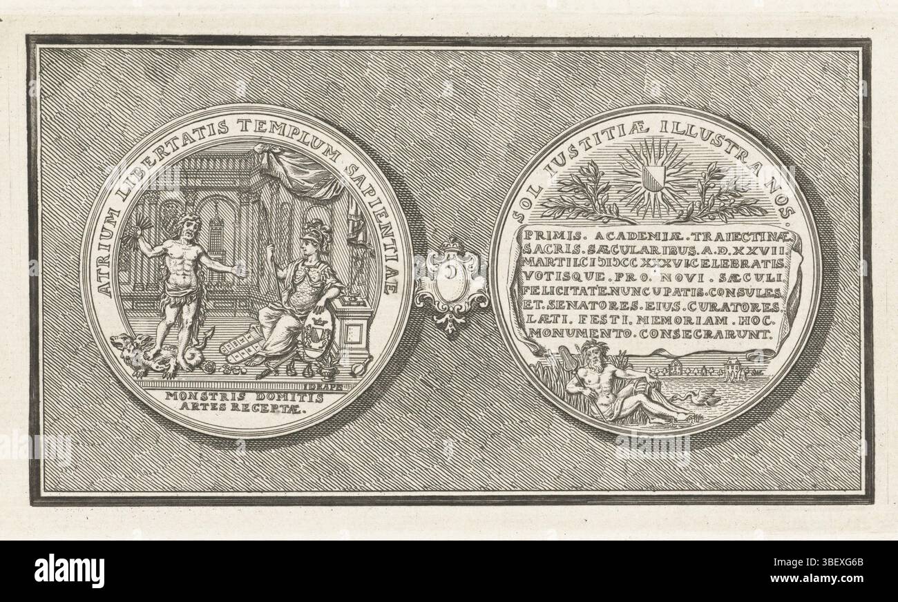 Drappentier, Johannes (1689-1758), Paesi Bassi settentrionali, Penning al centenario della Hogeschool di Utrecht, onorato alle lezioni degli stati, della città, della corte e dei predicatori, 1736, Penning onorato alle lezioni degli Stati, della corte e dei predicatori nel centenario della Hogeschool di Utrecht nel 1736. Fronte: Minerva con scudo e lancia appoggiata su piedistallo, su cui si trova la Bibbia con luce ardente seduta in una grande sala in mezzo a diversi attributi scientifici, accanto alle sue calze Ercole con fascio di frecce drago a quattro teste; dalla finestra ad arco Domtoren è visibile all'interno dell'incisione. Lato posteriore: Stendere con Foto Stock