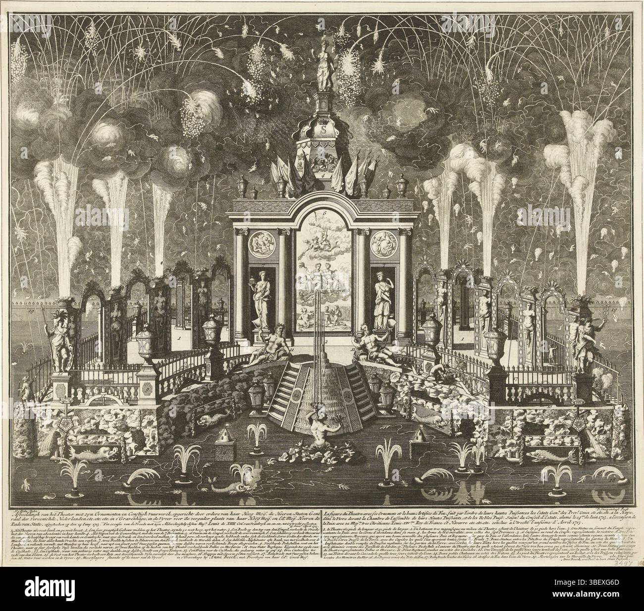 Staten van Holland en West-Friesland, Den Haag, Beeck, Anna, Marot, Daniel i), Pola, Hendrik, Amsterdam, Stopendaal, Daniel, immagine del teatro con ornamenti in sin e costellazione di fuoco, fondato da ordere van Haar MOG. De Heeren Staten General der Vereenichde Nederlanden in S' Gravenhage, in de vyver, la figure du theater avec ses ornemens et le beau artificiale de feu, fait par l'ordre de Leurs Hautes Puissances les Estats GEnx. Des Provs. Sindacati ... a la Haye, dans le vivre ..., fuochi d'artificio alla celebrazione della Pace di Utrecht, 1713, l'Aia, Stellage con fuochi d'artificio attivati Foto Stock