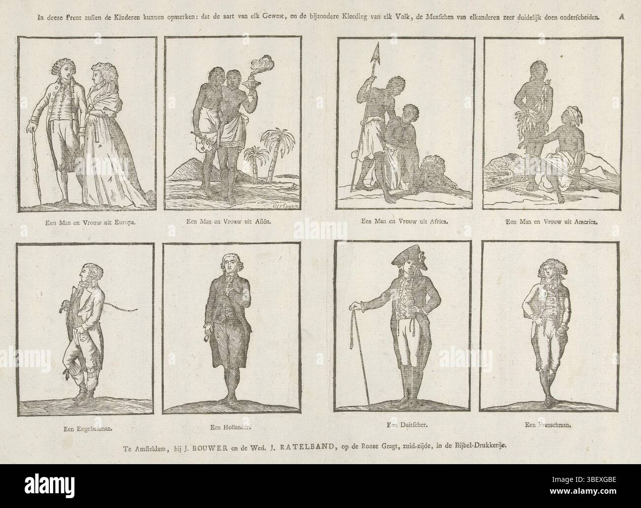 Amsterdam, Bouwer e la vedova Johannes Ratelband (II), Johannes, Paesi Bassi, Oortman, Jan (Sr.), Gerrit, in questa stampa i bambini potranno notare: che l'aart di ogni regione, e l'abbigliamento speciale di ogni popolo, rendono il popolo dell'altro molto distinto, Amsterdam, Foglio con 8 rappresentazioni dell'abbigliamento di diverse nazionalità e popoli. Sotto ogni immagine una didascalia. Numerato in alto a destra: A., stampa, stampe folk, stampe, lastre di storia Frederik Muller, altezza 315 mm, larghezza 403 mm, 1781 - 1822-09-19, stampatore, 1794 - 1804, carta, xilografica, stampa tipografica, libro Foto Stock