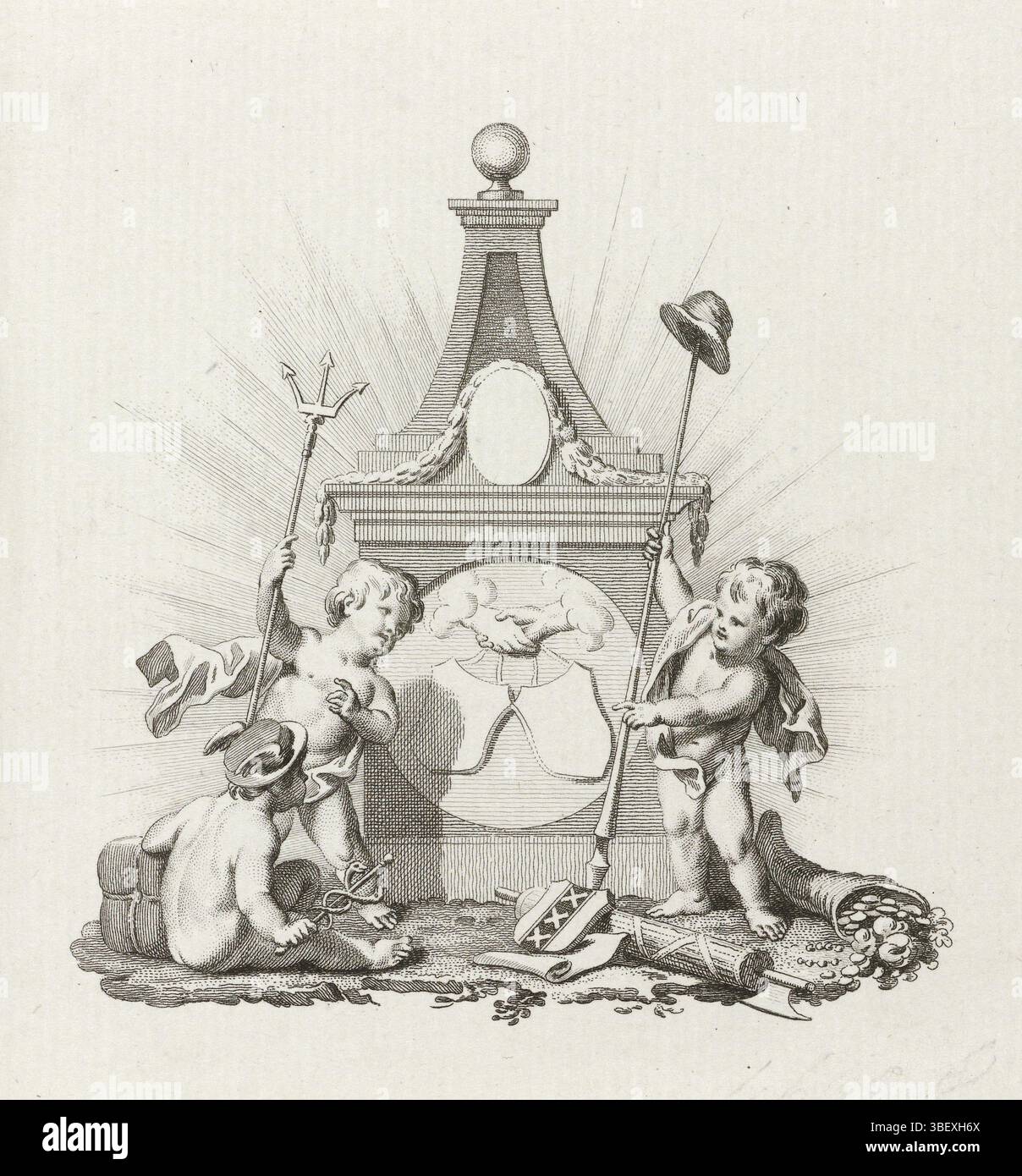 Buys, Jacobus, Paesi Bassi settentrionali, Vinkeles, Reinier (i), Home Page per: Paesi Bassi in campionato con la Francia. 10 novembre 1785, verso - timbrato, Home Page per: I Paesi Bassi in lega con la Francia. 10 novembre 1785. Vignetta allegorica con geni in un monumento per l'alleanza tra i due paesi., stampa, pagina del titolo, stampe, Frederik Muller Historyplaten, altezza 120 mm, larghezza 108 mm, Noord-Nederlands, 1741-06-19 - 1816-01-30, stampatore, 1786 - 1786, carta, incisione, incisione (processo di stampa), Work Concept, 1724-11-19 - 1801-04-07 Foto Stock