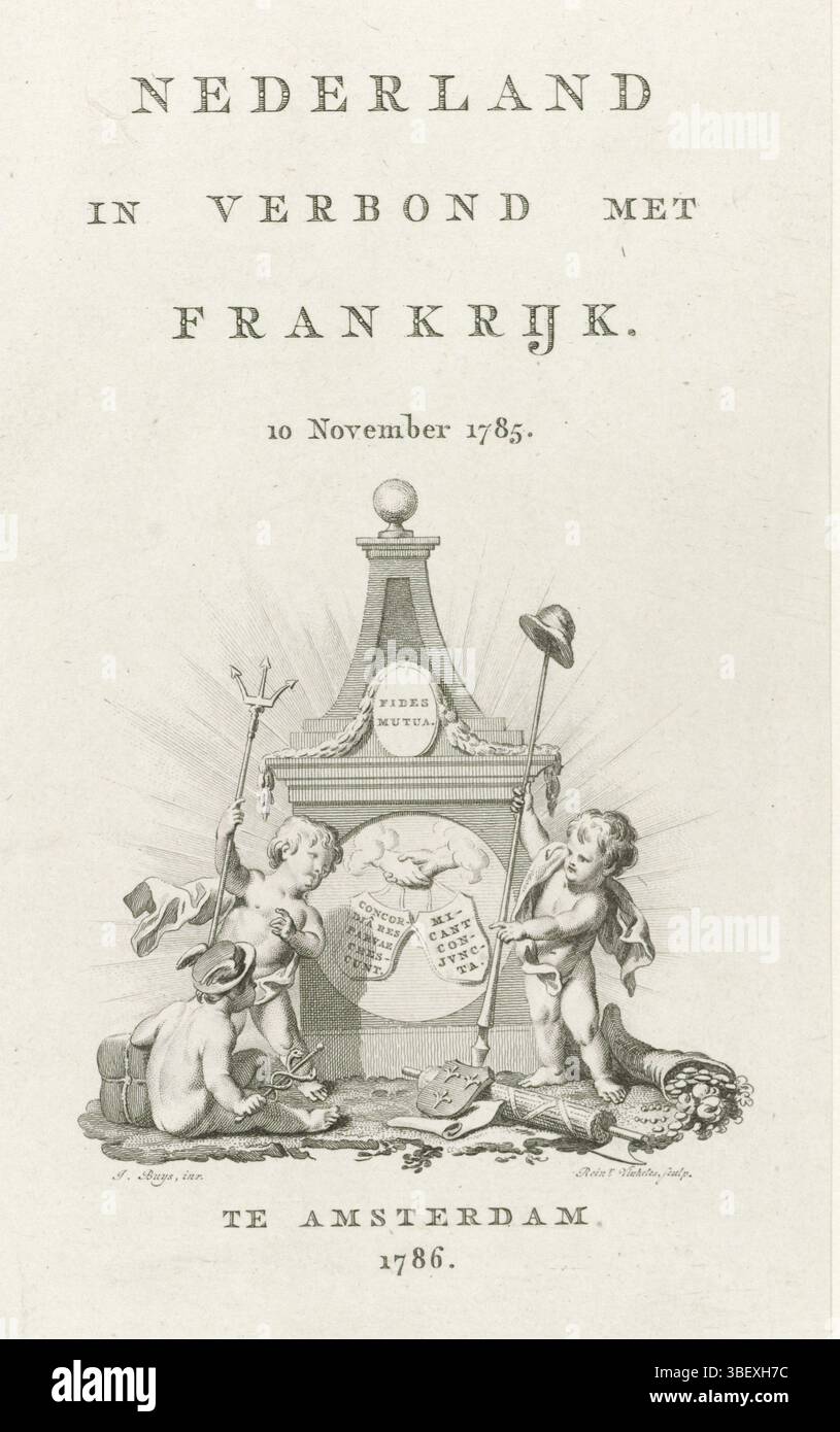 Buys, Jacobus, Paesi Bassi settentrionali, Vinkeles, Reinier (i), Home Page per: Paesi Bassi in campionato con la Francia. 10 novembre 1785, verso - timbrato, Home Page per: I Paesi Bassi in lega con la Francia. 10 novembre 1785. Vignetta allegorica con geni in un monumento per l'alleanza tra i due paesi., stampa, pagina del titolo, stampe, Frederik Muller Historyplaten, altezza 191 mm, larghezza 112 mm, Noord-Nederlands, 1741-06-19 - 1816-01-30, stampatore, 1786 - 1786, carta, incisione, incisione (processo di stampa), Work Concept, 1724-11-19 - 1801-04-07 Foto Stock