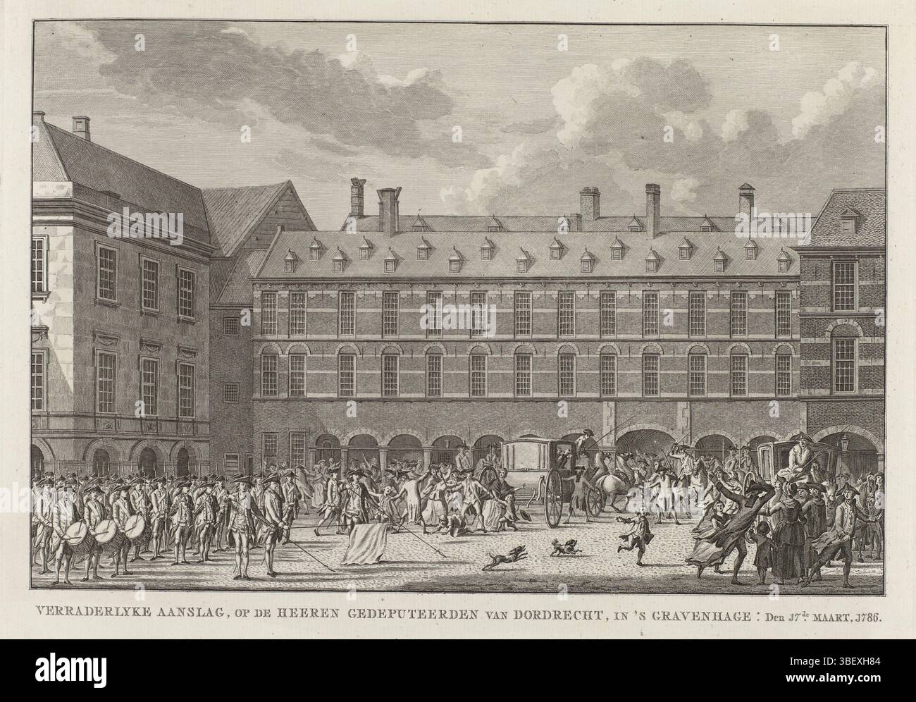 Bulthuis, Jan, Noordelijke Nederlanden, Bendorp, Carel Frederik (i), Vertragerlyke Attack, op de Heeren Geputeden van Dordrecht, a l'Aia: il 17 marzo 1786, Paesi Bassi settentrionali, con stampa verso, irregolarità come le Deputys di Dordrecht, Gevaerts e De Gijzelaar, cavalcano sul Binnenhof con il loro carro attraverso lo Stadhouderspoort e i loro cavalli sono sequestrati dal paratore F. Mourand l'Aia 17 marzo 1786. Sul lato sinistro della recinzione, l'avvocato Van Nispen difende il pullman., stampa, Frederik Muller History plates, altezza 289 mm, larghezza 380 mm, Nord-olandese, 1736 Foto Stock