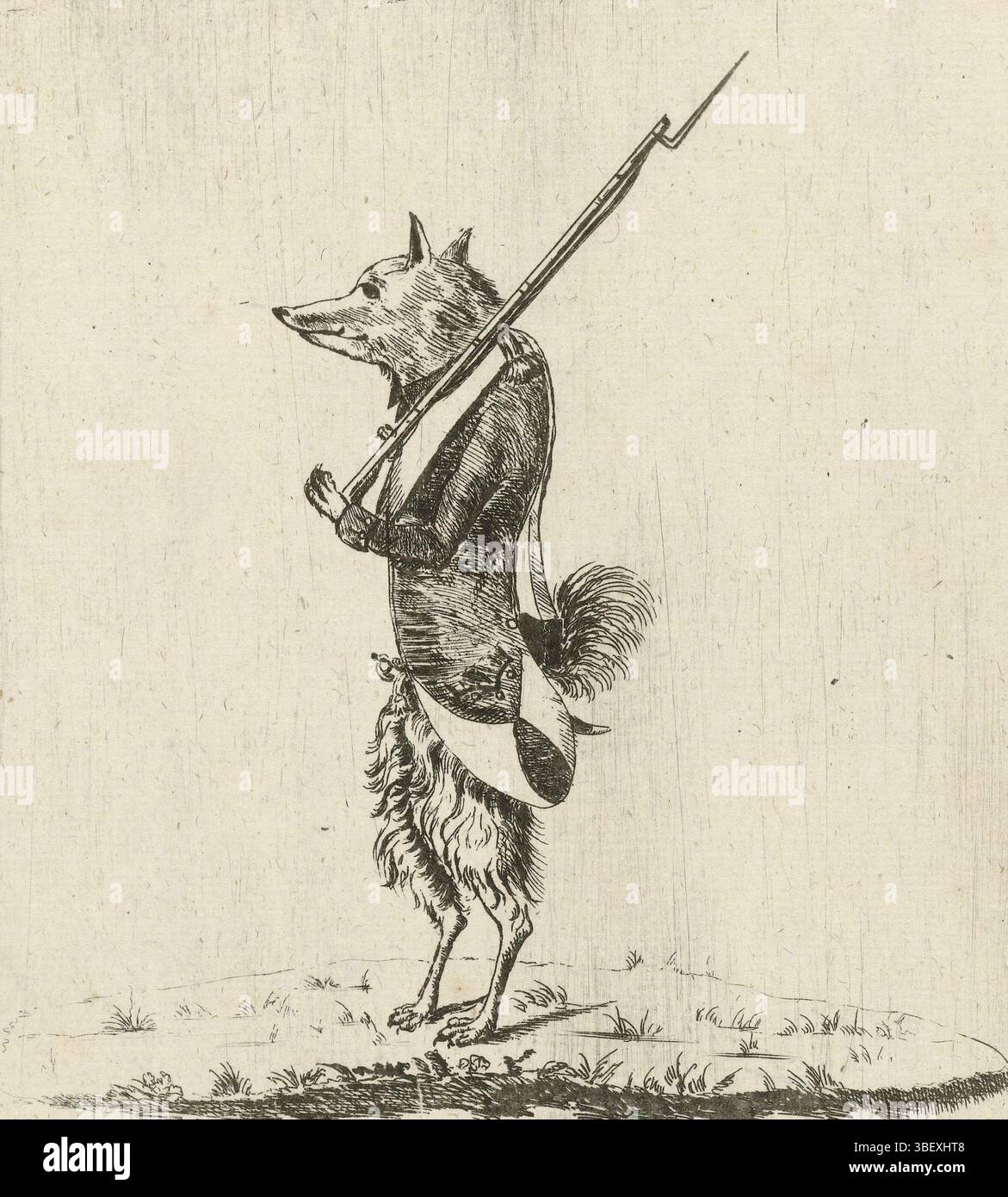 Noordelijke Nederlanden, De Gearmade Kees, Spotprent op de gekomen Amsterdamse krijzen, 1787, Paesi Bassi settentrionali, Spotprent op de naar Utrecht gekomen Amsterdamse krijven, 17 luglio 1787. Un patriota come kees armato o un guardiano in piedi sulle zampe posteriori con supporto e fucile. Sul foglio sotto la piastra un verso in sei versi., stampare, Frederik Muller History plates, altezza 290 mm, larghezza 182 mm, stampatore, 1787 - 1787, quarto trimestre del xviii secolo, carta, incisione, stampa di tipografie, stampa di libri Foto Stock