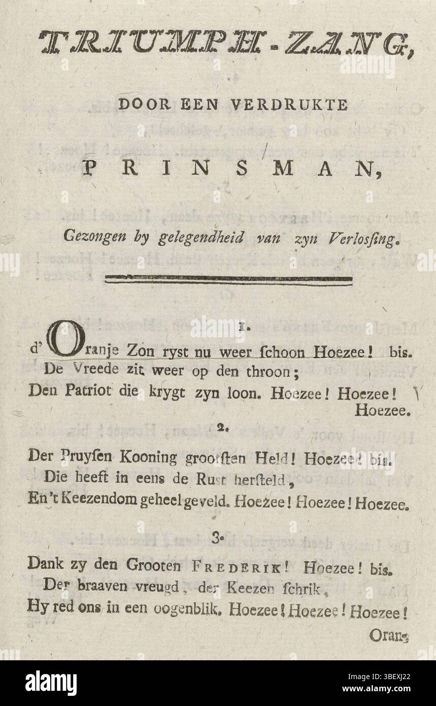 Paesi Bassi settentrionali, Triumph-Zang, door a Oppressed Prinsman, Sung by Liking of SYN Redemption, Triumph Vocals of the Oppressed Orangist, 1787, Paesi Bassi settentrionali, verso - timbrato, foglio di testo con una canzone arancione di quattordici versi in onore del restauro del principe Willem V nel settembre 1787. Foglio doppio piegato con vignetta sull'ultima pagina., foglio di testo, canzone, stampe, lastre storico Frederik Muller, altezza 153 mm, larghezza 100 mm, stampatore, 1787 - 1787, carta, stampa letterpress, stampa di libri, taglio di legno Foto Stock
