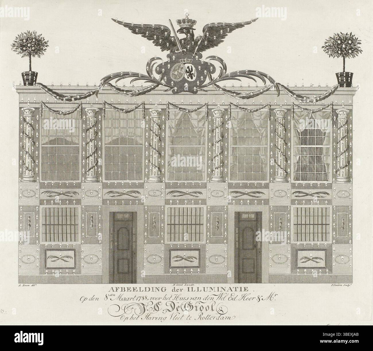 Rotterdam, Cornel, Nicolaas, Boon, Adriaan (1763-1802), Rotterdam, Sansom, Franciscus, immagine degli illuminati l'8 marzo 1788, per la Casa di Den WEL ed. Heer & Mr. J.C. de Groot on the Haring Vliet a Rotterdam, illuminati della Casa di J.C. de Groot a Rotterdam, 1788, verso - timbrato, illuminati della facciata della Casa di J.C. de Groot all'Haringvliet di Rotterdam, in occasione del 40° anniversario del Principe Willem V l'8 marzo 1788., stampa, Frederik Muller Historieplaatsen, altezza 284 mm, larghezza 328 mm olandese settentrionale - 1788, stampatore, 1788 - 1788, carta, incisione, prod Foto Stock
