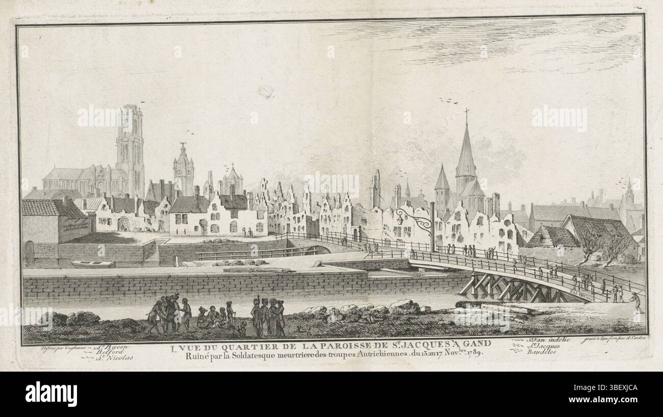 Waghemans, Bruxelles, Cardon, Antoine Alexandre Joseph, I. Vue du Quartier de la Paroisse de St. Jacques à Gand, Ruiné par la Soldatesque meurtrieredes troupes Autrichiennes du 13. au 17. Nov.bre 1789, rovine a Gand dopo l'ammutinamento delle truppe austriache, 1789, verso-timbrato, paesaggio urbano di Gand, con le devastazioni nel distretto di Saint-Jacobs create dalle truppe austriache ammutinate, il 13-17 novembre 1789, al tempo della rivoluzione del Brabante. Nella didascalia la legenda sui numeri di uccelli invece delle lettere., stampa, Frederik Muller History plates, altezza 221 mm, larghezza 405 mm, 1739-12-07 - 1822-09 Foto Stock