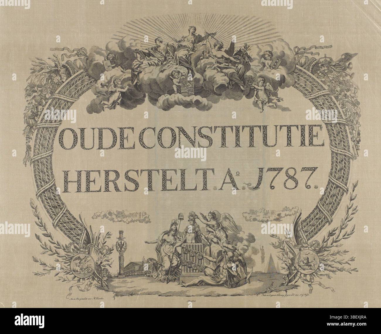 Zürcher, Antoni, Paesi Bassi settentrionali, Visser, Jan Gerritsz., vecchia Costituzione ripristinare. Ao. 1787, allegorie sul restauro dello stadholder, 1787 (su raso), verso-timbrato, allegorie sul restauro dello stadholder Willem V nel 1787 con l'intervento delle truppe prussiane. Iscrizione calligrafica con vignette allegoriche. In cima al sole radioso si trova giustizia con attenzione e Pace. A sinistra e a destra, corna di abbondanza che scorrono di frutti e ricchezza. In fondo a una vignetta con libertà e padre tempo. Stampato su raso con nastri rosa cuciti. La stampa include un st Foto Stock