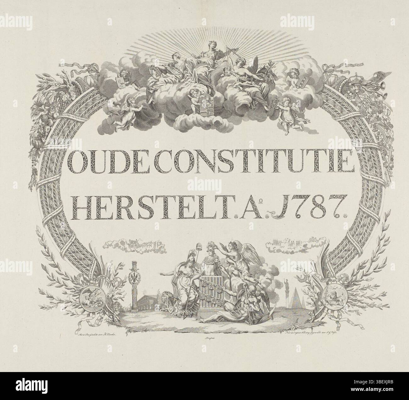 Zürcher, Antoni, Paesi Bassi settentrionali, Visser, Jan Gerritsz., vecchia Costituzione ripristinare. Ao. 1787, allegorie sul restauro dello stadholder, 1787, verso-timbrato, allegorie sul restauro dello stadholder Willem V nel 1787 con l'intervento delle truppe prussiane. Iscrizione calligrafica con vignette allegoriche. In cima al sole radioso si trova giustizia con attenzione e Pace. A sinistra e a destra, corna di abbondanza che scorrono di frutti e ricchezza. In fondo a una vignetta con libertà e padre tempo. La stampa include una dichiarazione., stampa, lastre di storia di Frederik Muller, altezza Foto Stock