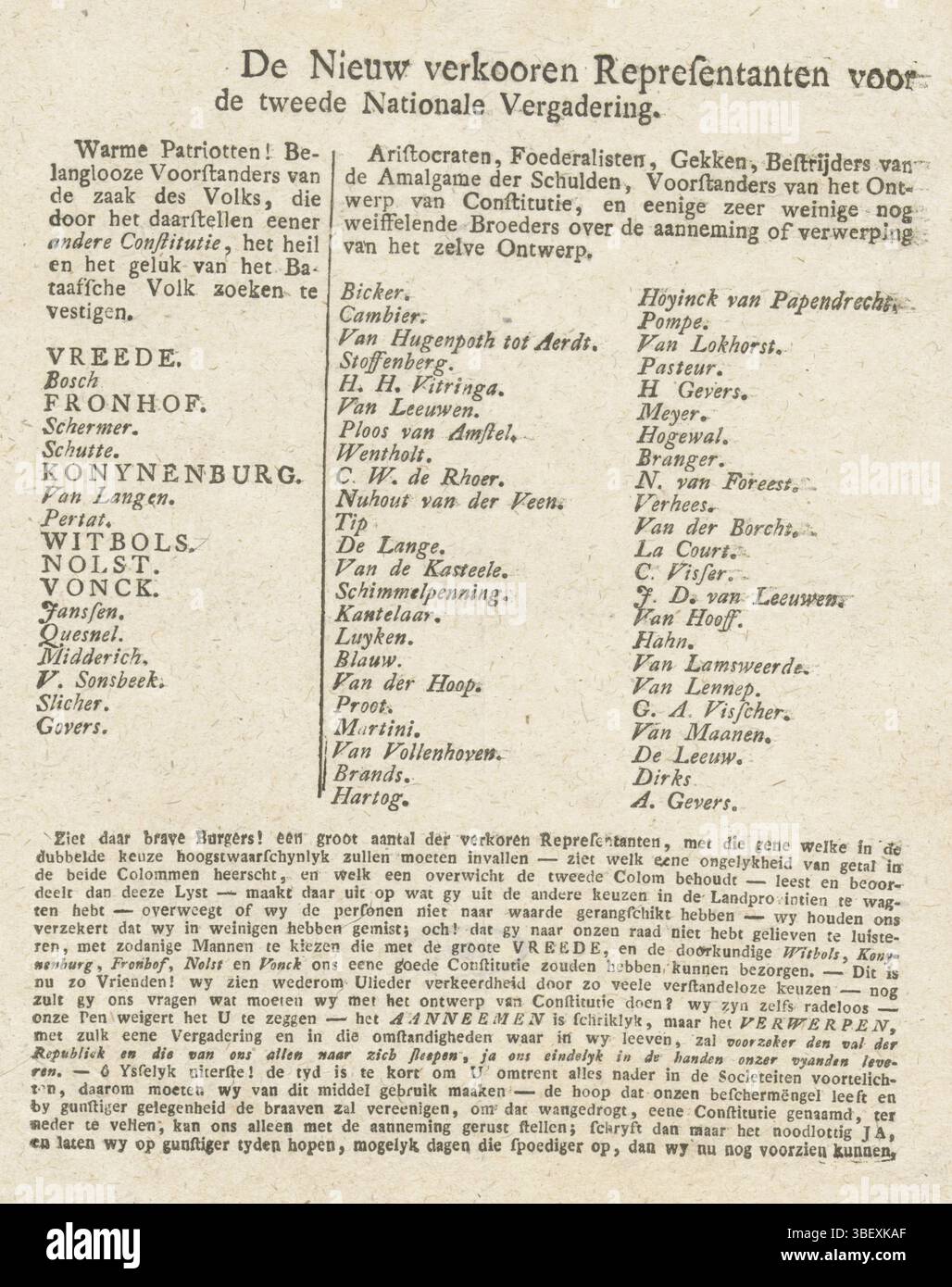 Paesi Bassi, De Nieuw verkoorden Rappresentants voor de 2nd National Assembly, Lista dei nuovi rappresentanti eletti per la seconda Assemblea nazionale, 1797-1798, Paesi Bassi, verso - timbrato, Textsheet con un elenco dei nomi dei nuovi rappresentanti eletti per la seconda Assemblea nazionale, 1797-1798. La seconda Assemblea nazionale esistette tra il 1° settembre 1797 e il 22 gennaio 1798. A sinistra un elenco di "patrioti caldi", a destra due colonne con i nomi di "Aristocrate, Foederalists, Crazies ..."., foglio di testo, stampa, piastre per storia Frederik Muller, altezza 200 mm, larghezza 160 mm, unità di scrittura Foto Stock