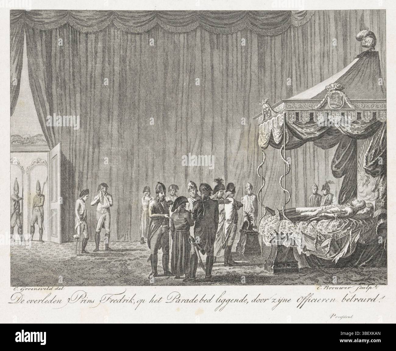 Groeneveld, Cornelis, Paesi Bassi, Brouwer, il defunto principe Fredrik, disteso sul Paradebed, lamentato dai suoi ufficiali!, Paradebed dal principe Frederik, 1799, Paesi Bassi, verso - timbrato, Willem George Frederik, principe di Orange-Nassau, disteso in uniforme sul suo paradebed a Padova, il 6 gennaio 1799. Intorno al letto che piange militare., stampa, Frederik Muller Historyplaten, altezza 193 mm, larghezza 232 mm, Noord-Nederlands, 1735 - 1803-03-31, stampatore, 1803 - 1803, carta, incisione, incisione, incisione (processo di stampa), trascinatore intermedio Foto Stock