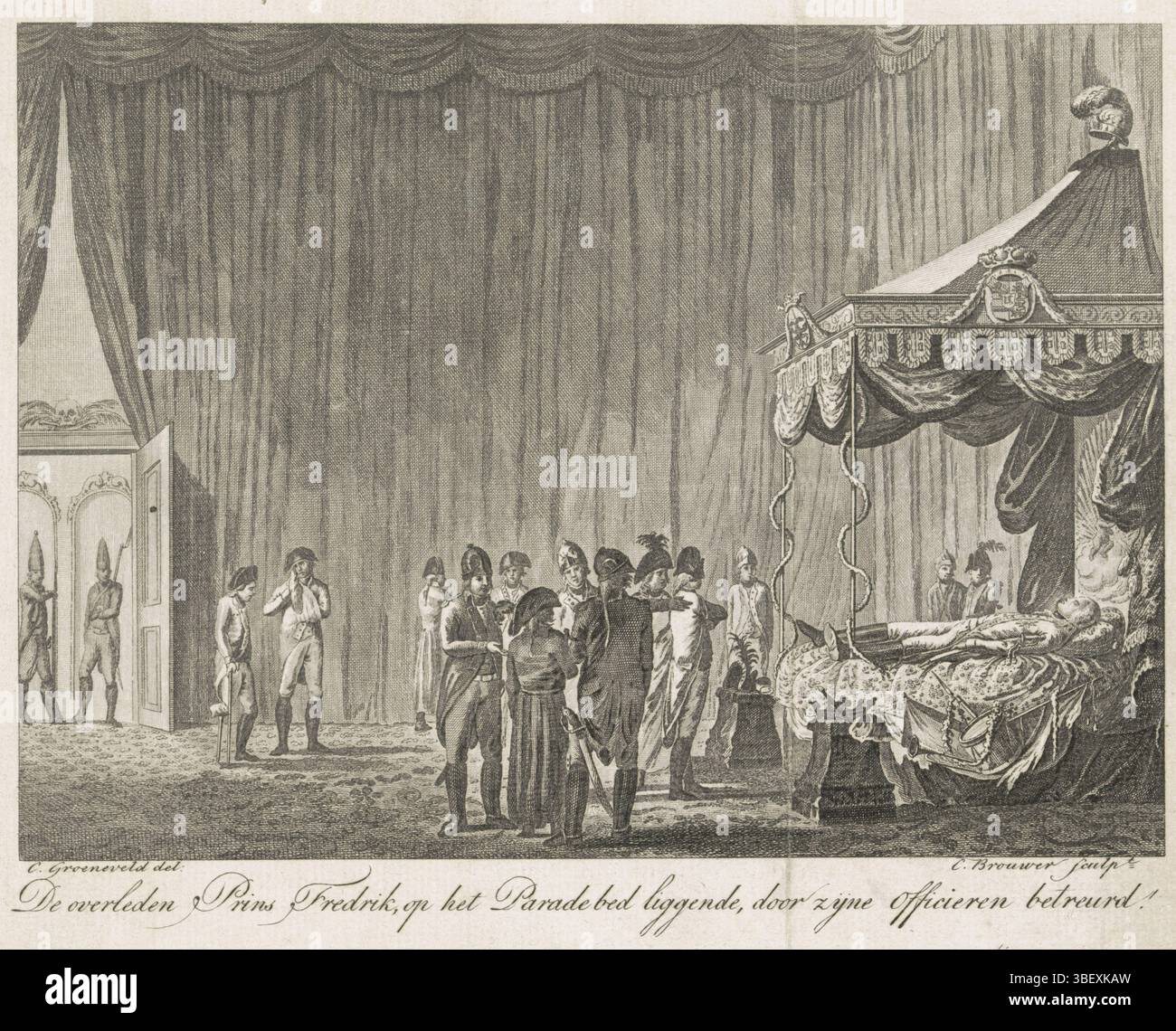 Groeneveld, Cornelis, Paesi Bassi, Brouwer, il defunto principe Fredrik, disteso sul Paradebed, lamentato dai suoi ufficiali!, Paradebed dal principe Frederik, 1799, Paesi Bassi, verso - timbrato, Willem George Frederik, principe di Orange-Nassau, disteso in uniforme sul suo paradebed a Padova, il 6 gennaio 1799. Al letto in lutto militare., stampa, Frederik Muller Historyplaten, altezza 185 mm, larghezza 224 mm, Noord-Nederlands, 1735 - 1803-03-31, stampatore, 1803 - 1803, carta, incisione, incisione, incisione (processo di stampa), trascinatore intermedio Foto Stock