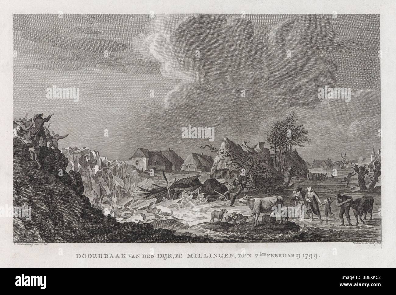 Millingen, Hardenbergh, Cornelis van, Nederland, Brouwer, Cornelis, Vinkeles, Reinier (i), Doorbraak van den Dijk, te Millingen, den 7d febbraio 1799, Dijkdoorbraak bij Millingen, 1799, Paesi Bassi, verso - timbrato, Doorbraak van Rijndijk bij Millingen, 7 febbraio 1799. Parte di un gruppo di sei lastre di dighe e scarsità d'acqua nella parte meridionale del Gelderland nel febbraio 1799., stampa, Frederik Muller Historic plates, altezza 228 mm, larghezza 327 mm, olandese settentrionale, 1741-06-19 - 1816-01-30, stampatrice, 1799 - 1800, carta, incisione, incisione, incisione (processo di stampa), Northern Nether Foto Stock