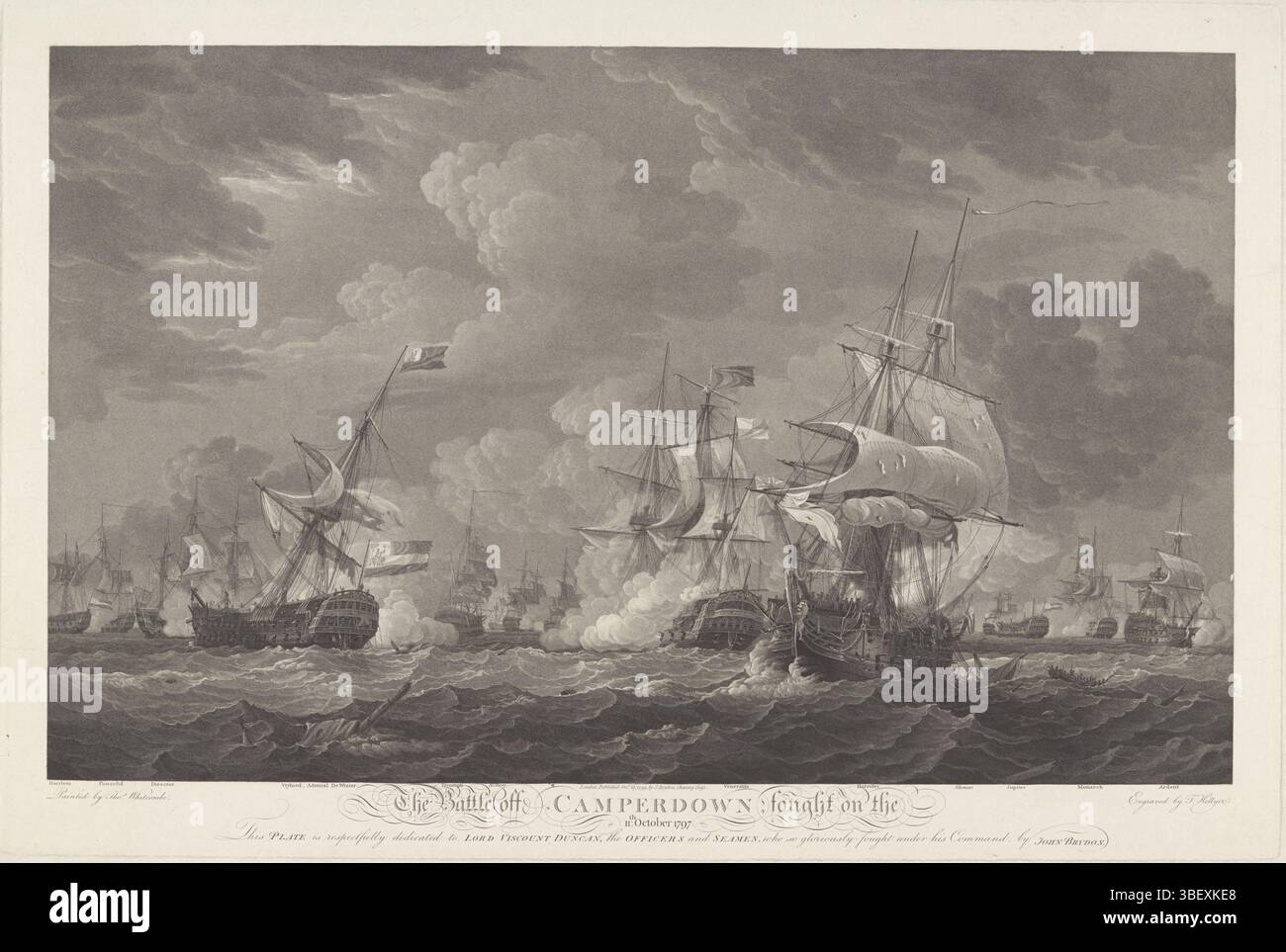 Londra, Brydon, John, Whitcombe, Thomas, Inghilterra, Hellyer, la battaglia al largo di Camperdown; combattuta l'11 ottobre 1797, Zeelag bij Kamperduin, 1797, Londra, verso - timbrato, de Zeelag bij Kamperduin l'11 ottobre 1797 tra la flotta batava al comando del viceammiraglio Jan Willem de Winter e una flotta britannica al comando dell'ammiraglio Adam Duncan. A sinistra, la nave perde il suo albero, a destra, l'equipaggio lascia la nave Hercules in fiamme. Sono indicati anche i nomi di altre navi in battaglia., stampa, Frederik Muller History plates, altezza 508 mm, larghezza 758 mm, stampatore, 1799-10-27 - 1799-10-27, pa Foto Stock