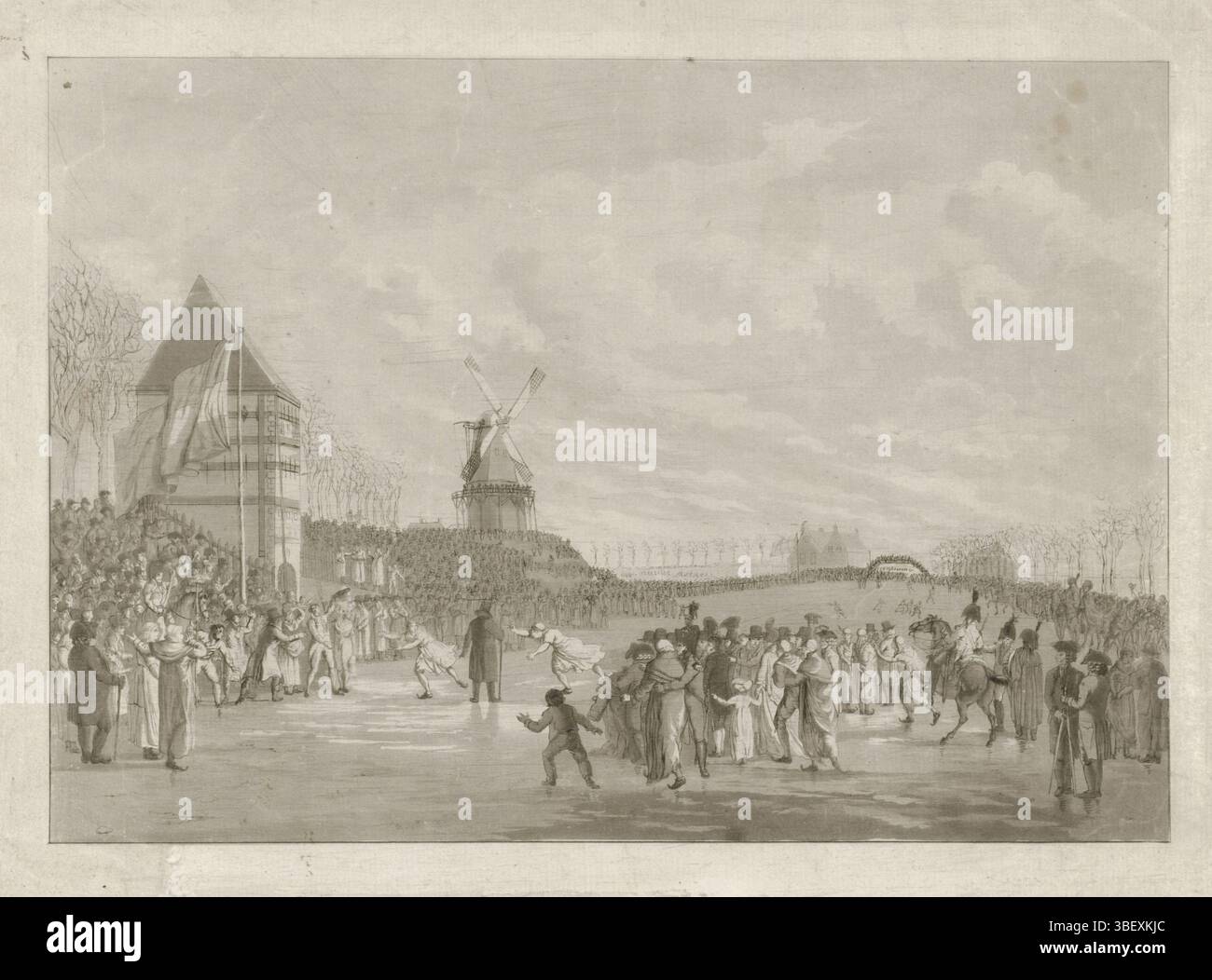 Port, Aldert Jacob van der, Marcus, Jacob Ernst, Amsterdam, Langendijk Dzn, Jan Anthonie, competizione di pattinaggio per donne a Leeuwarden, 1805, verso - timbred, competizione di pattinaggio per donne su una pista di pattinaggio sul ghiaccio presso il canale della città di Leeuwarden, 1-2 febbraio 1805. Con molti spettatori sul ghiaccio e sulle sponde., stampa, Frederik Muller Historyplates, altezza 302 mm, larghezza 390 mm, olandese, 1780 - 1818-04-10, stampatore, 1805 - 1807, carta, acquatinta, acquatinta, Work Concept, olandese settentrionale, 1774-03-19 - 1826-10-02, dopo la stampa di, Paesi Bassi del Nord, 1771-11-24 - 1807-03-13, drammaturgo intermediario Foto Stock