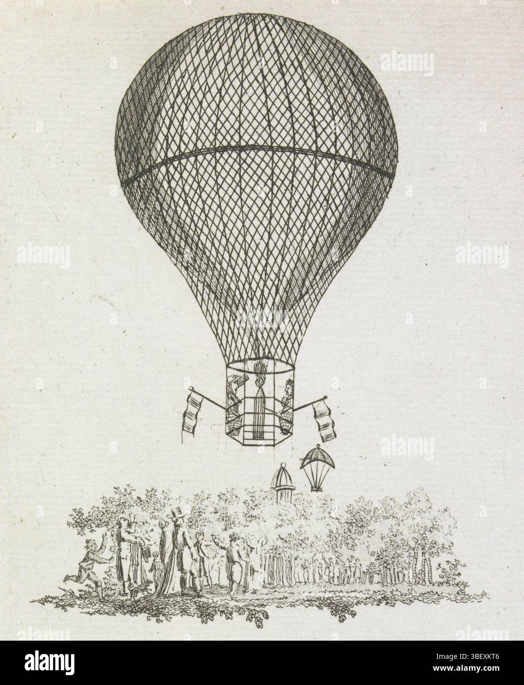 Den Haag, Daalen Wetters, P. van, Amsterdam, Moolenyzer, Hendrik, Nederland, Opgeged den 9den luglio, 1807, Balloonvaart van Blanchard, l'Aia, Paesi Bassi, verso - timbrato, Ascending the air balloon with Jean Pierre Blanchard e sua moglie Marie Madeleine Sophie Armant dal Koekamp a l'Aia, 9 luglio 1807. Sotto l'immagine un verso di dodici righe., stampa, Frederik Muller Historyplaten, ne l'Aia di de Koekamp te, scritto a mano, altezza 208 mm, larghezza 108 mm, incisore, 1807 - 1807, carta, incisione, incisione (processo di stampa), stampa di carta intestata, stampa di libri, pubblicazione Foto Stock