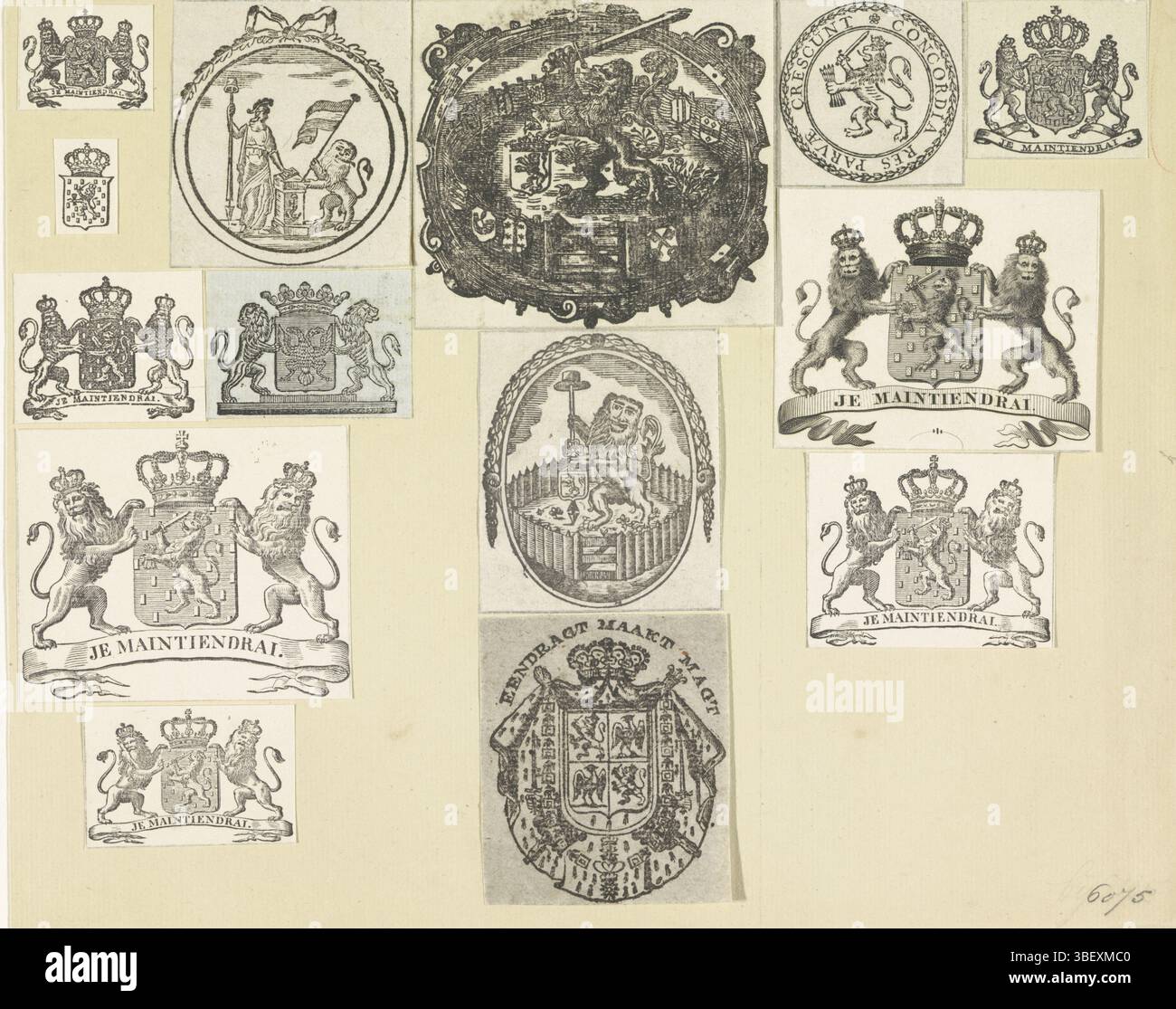 Paesi Bassi, Foglio con armi olandesi ritagliate, Paesi Bassi, Foglio con quattordici armi da ritaglio e incollate, provenienti principalmente dai Paesi Bassi., stampa, Frederik Muller History plates, altezza 230 mm, larghezza 288 mm, stampatore, 1800 - 1820, carta, xilografia, incisione, incisione (processo di stampa) Foto Stock