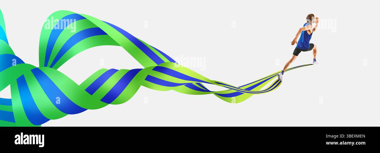 Opere d'arte moderne. L'uomo in posa di sprinting si precipita in avanti mentre i nastri verdi-blu si espandono dinamicamente intorno a lui, catturando velocità e intensità Foto Stock