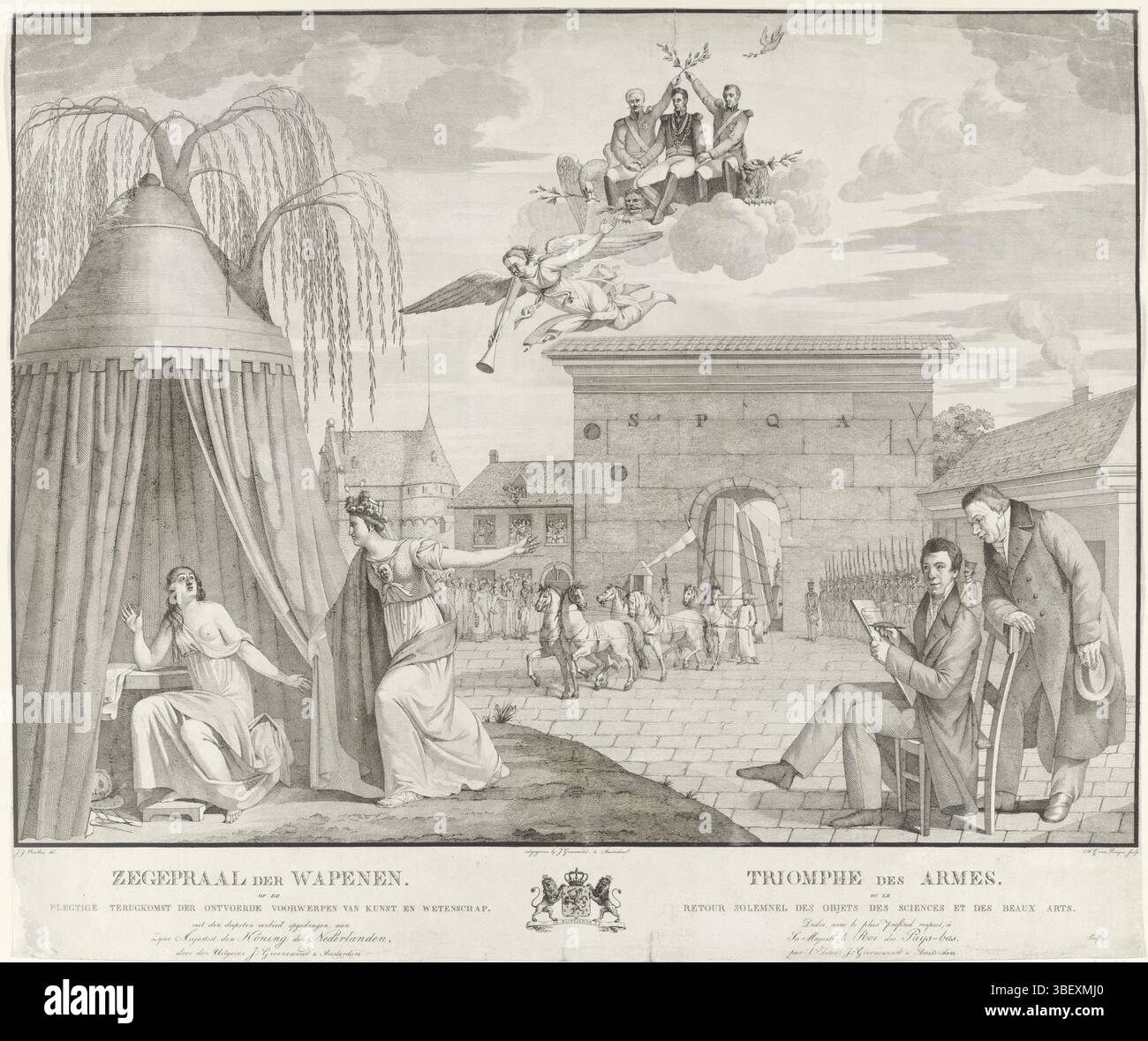 Amsterdam, Groenewoud, J., Verellen, Jean Joseph, i Paesi Bassi, Prooijen, Adriaan Gerrit van, Zegepraal der armen o il fallo ritorno degli oggetti d'arte e di scienza rapiti, Triomphe des Armes. Ou le retour solemnel des objets des Science et des beaux Arts, allegorie on the Return of the art and Science objects rapito ad Anversa, 1815, Amsterdam, Paesi Bassi, verso - timbrato, 1815. attraverso il Keizerspoort di Anversa un'auto con pittori entra in città. A sinistra, la città vergine di Anversa porta la buona notizia del ritorno degli oggetti alla personificazione dell'Arte, che siede Foto Stock