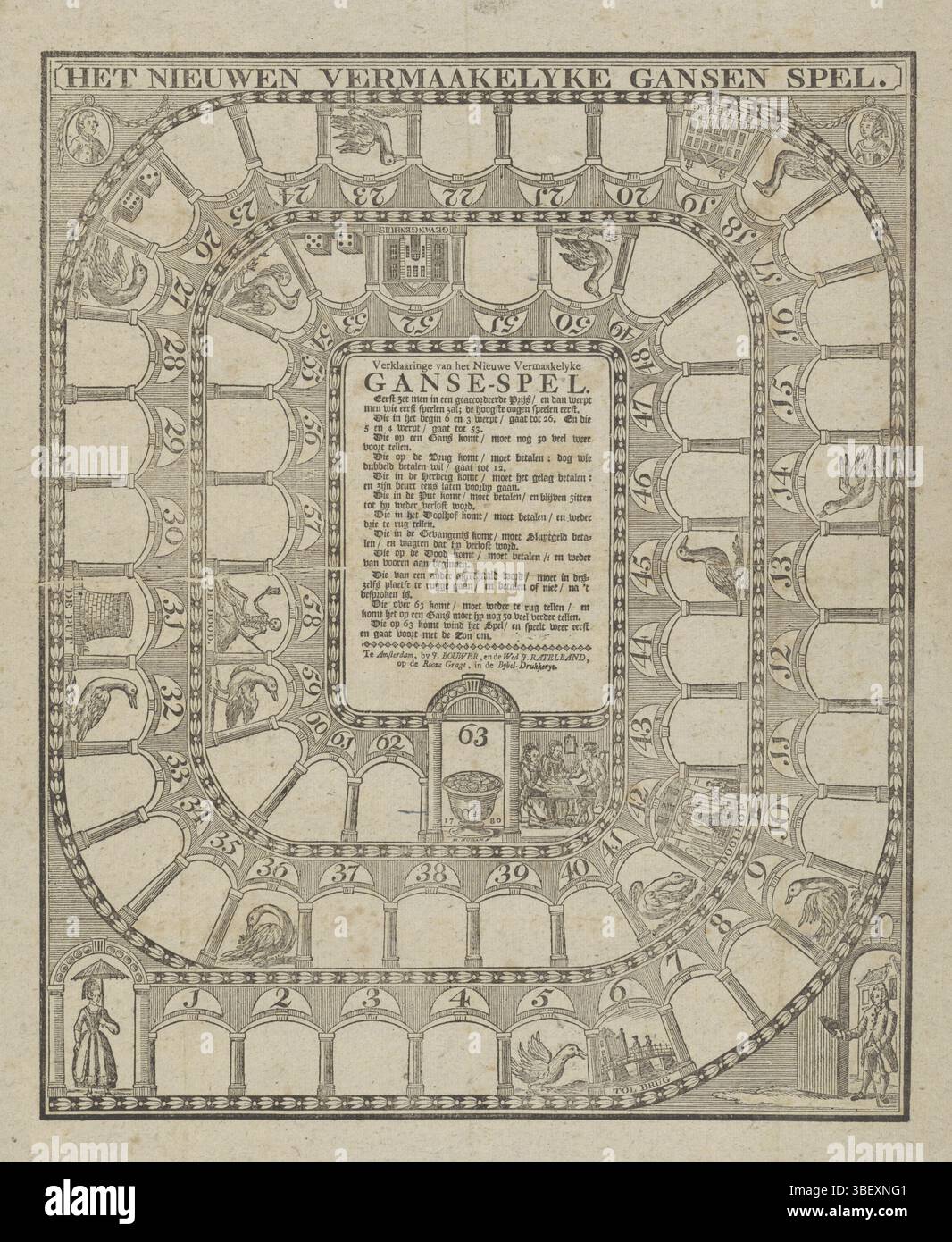 Amsterdam, Bouwer e la vedova Johannes Ratelband (II), Johannes, Paesi Bassi, Numan, Hermanus, Hendrik, Het Nieuwen Pleasant Gansen Spel, Ganzenbordpel, 1780, Amsterdam, verso - timbrato, Ganzenbordpel met vakkens 1-63. Nel mezzo, le regole. Parte di un gruppo di giochi per bambini e di gruppo stampati nel periodo circa 1750-1850., stampa, gioco della spina, stampe, tavole di Frederik Muller History, altezza 590 mm, larghezza 442 mm, 1736-03-21 - 1788, stampatore, 1780 - 1780, carta, xilografica, stampa di carta intestata, stampa di libri, 1744 - 1820-03-09, pubblicazione (evento), pubblicazione, editore Foto Stock