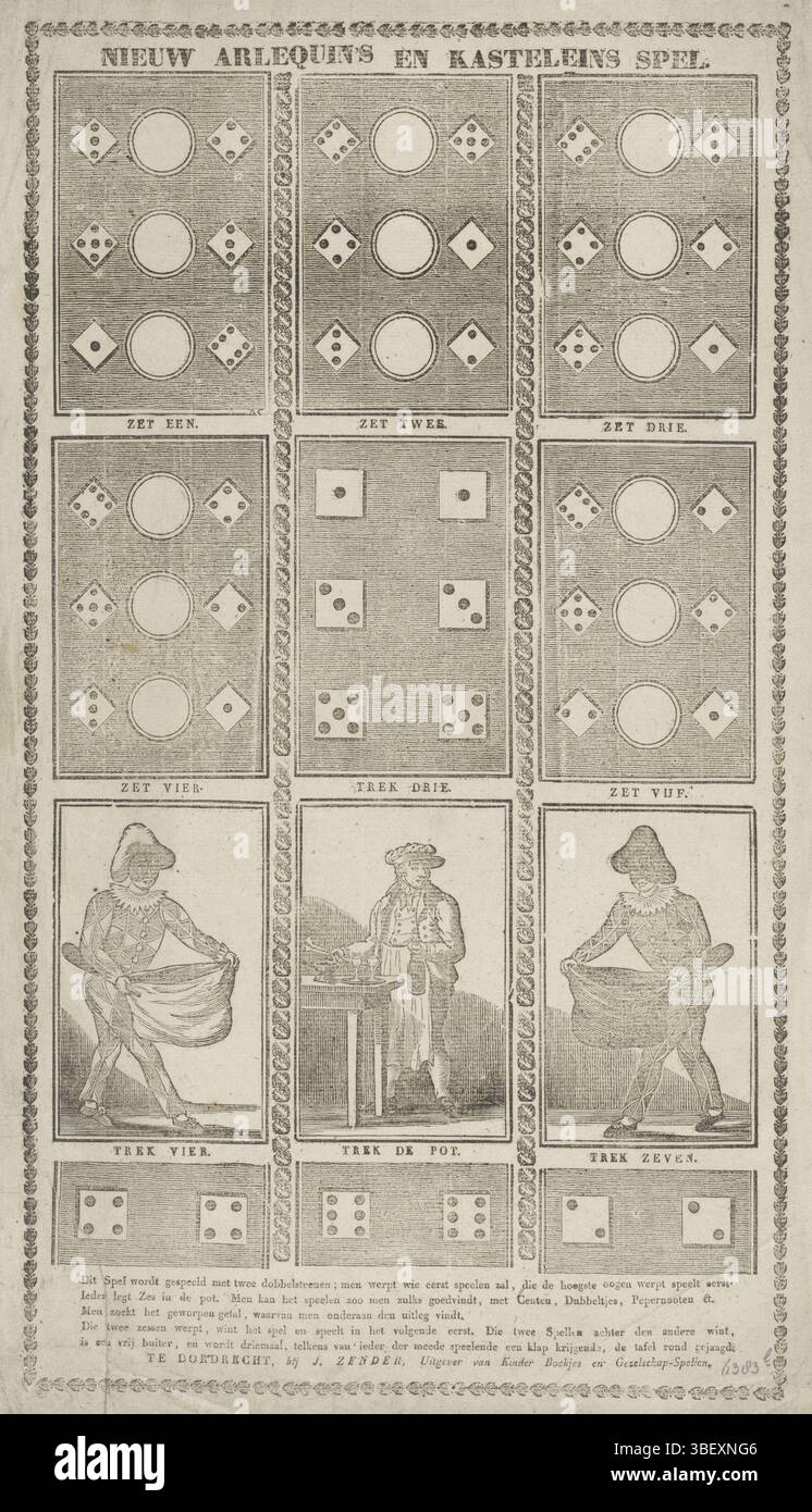 Dordrecht, Zender, Joseph, Nederland, Nieuw Arlequin's en Kasteleins Spel, Arlekijn-pel, 1829, Dordrecht, Paesi Bassi, verso - timbrato, Boardspel di Arlekijn-pel. Foglio diviso in nove piani con sei scatole di dadi in alto, due harlequins in basso e un castello. In fondo alle regole. Parte di un gruppo di giochi per bambini e di gruppo stampati nel periodo 1750-1850., stampa, tabellone, tabellone, stampe, piastre di cronologia Frederik Muller, altezza 450 mm, larghezza 260 mm, stampatrice, 1829 - 1829, carta, xilografica, stampa tipografica, stampa di libri, pubblicazione (evento), pubblicazione, olandese, Foto Stock