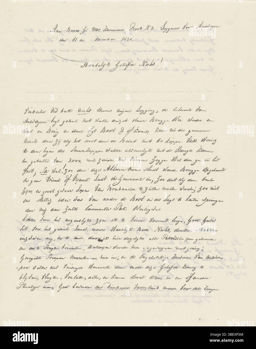 Paesi Bassi, Basilea, Willem Cornelis van, facsimile di una lettera di Jan van Speijk a sua cugina Mrs. De Dieu-van Tonderen, 1830, Paesi Bassi, verso - timbrata, scritta a bordo della cannoniera n. 2 che si trovava davanti ad Anversa l'11 dicembre 1830. Foglio stampato su due lati. Stampa, lettera, foto, stampe, piastre storia Frederik Muller, altezza 253 mm, larghezza 224 mm, 1791 - 1854-04-17, stampatore, 1831 - 1832, carta, incisione, incisione Foto Stock