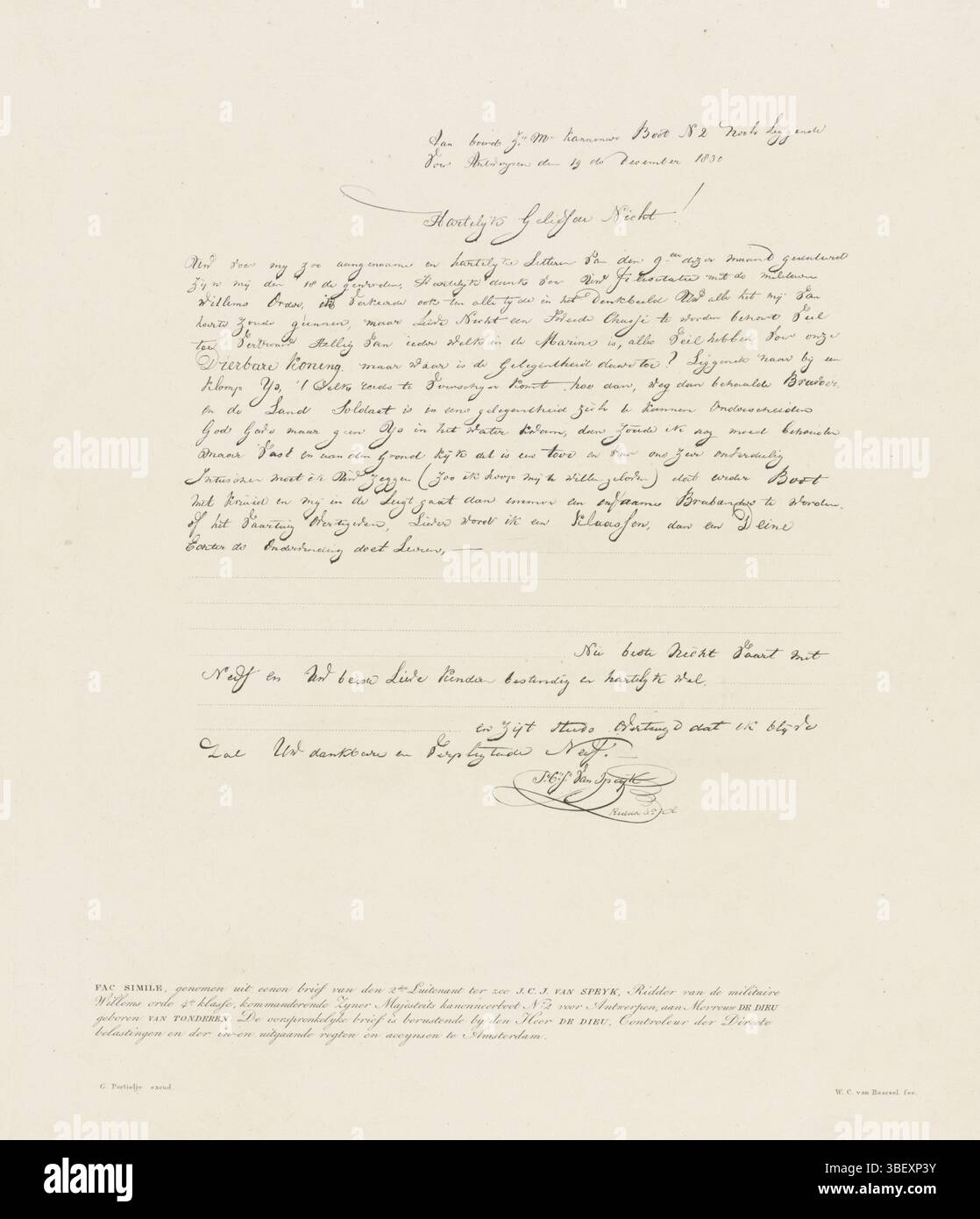 Amsterdam, Portielje, Gerrit, Paesi Bassi, Basilea, Willem Cornelis van, facsimile di una lettera di Jan van Speijk a sua cugina Mrs. de Dieu-van Tonderen, 1830, Amsterdam, verso - timbrata, scritta a bordo della nave cannone n. 2 giacente prima di Anversa il 19 dicembre 1830. Nella lettera scrive che preferisce essere un Reinier Claeszen che un Nicolas J. Daine., stampa, lettera, facesimile, stampe, piastre storia Frederik Muller, altezza 369 mm, larghezza 313 mm, 1791 - 1854-04-17, stampatore, 1831 - 1832, carta, incisione, pubblicazione (evento), pubblicazione, olandese, 1789 - 1860, editore Foto Stock
