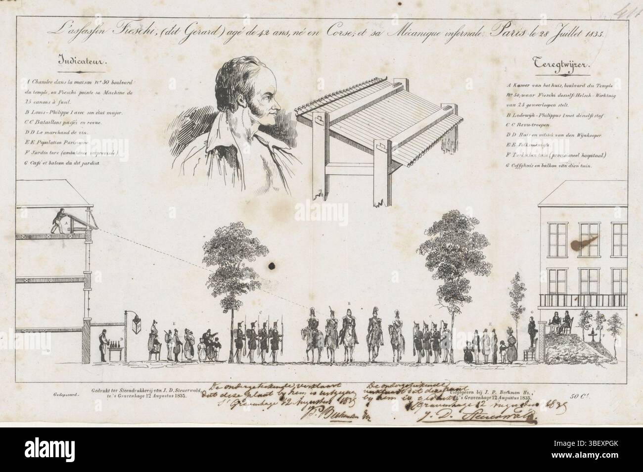 Den Haag, Beekman Hzn., J.P., Den Haag, Steuerwald, Jan Dam, Nederland, l'assassin Fieschi, (dit Gerard) agé de 42 ans et sa Mécanique infernale. Paris le 28 Juillet 1835, attacco di Giuseppe Marco Fieschi e della sua macchina infernale al re francese Louis Philips, 1835, l'Aia, Paesi Bassi, verso - timbrato, attacco alla vita del re di Francia Luigi Filippo a Parigi da parte del corso Giuseppe Marco Fieschi e della sua macchina infernale, 28 giugno 1835. In cima ad un ritratto di Fieschi accanto alla sua macchina con 25 fucili attaccati. Tra questi c'era una rappresentazione schematica della casa da cui Fies Foto Stock