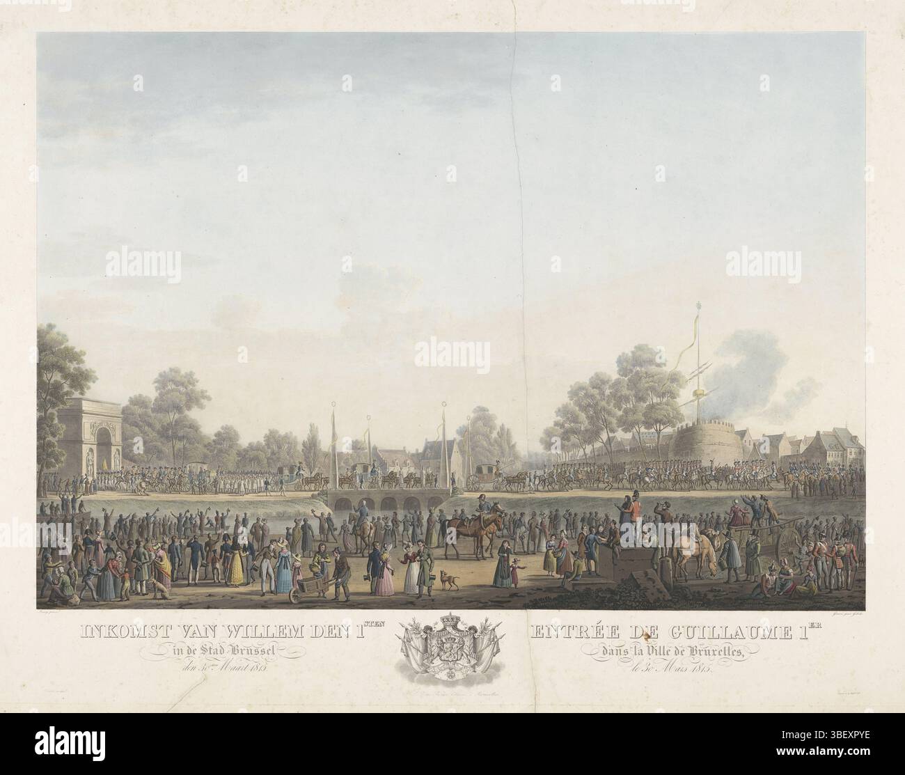Bruxelles, Bever, J.L. van, Brussel, Kreins, Hilaire Antoine, Bruxelles, Leroy, Denis-Sebastien, Gibèle, Johann Nepomuk, dodici documenti dell'arrivo e dell'inaugurazione di Willem i a Bruxelles e della battaglia di Quatre-Bras e Waterloo nel 1815, Willem den 1st nella città di Bruxelles, 30 marzo 1815, Entrée de Guillaume 1er dans la Ville de Bruxelles, le 30 Mars 1815, sotto - stampato, arrivo di re Willem i a Bruxelles il 30 marzo 1815. Le carrozze accompagnate dalla cavalleria entrano in città attraverso un cancello. In fondo ai titoli in olandese e francese separati dallo stemma di re Wille Foto Stock