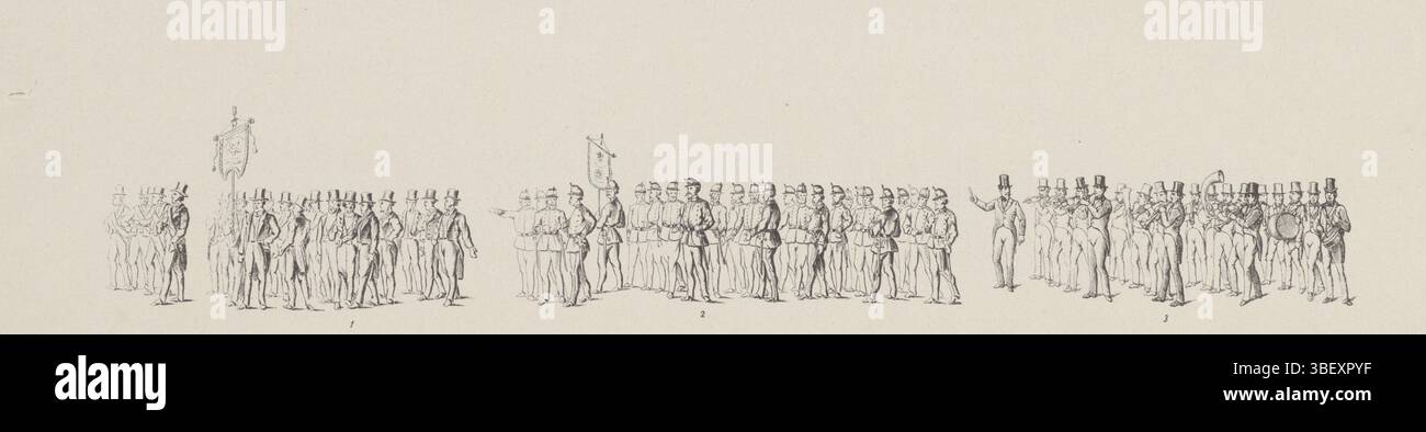 Amsterdam, Tresling & Comp., Amsterdam, Binger, Gebroeders, Nederland, Historische en Allegorische Pariet te Amsterdam. 12 maggio 1874, piastra 12. - Fig. 1) la Cittadella dell'Associazione di Anversa con la frase "Whatever Falls, Faith stands pal" l'Associazione dei sottufficiali "The Eeresign" il Music Corps Amstels Harmonie-Kapel, sfilata storica in costume ad Amsterdam in occasione del 25° anniversario del governo di re Willem III nel 1874 (targa 12), Paesi Bassi, Plaat nr. 12 con la parte della parata con due associazioni militari e un corpo musicale. Parte di una serie di 24 album dei costumi Foto Stock