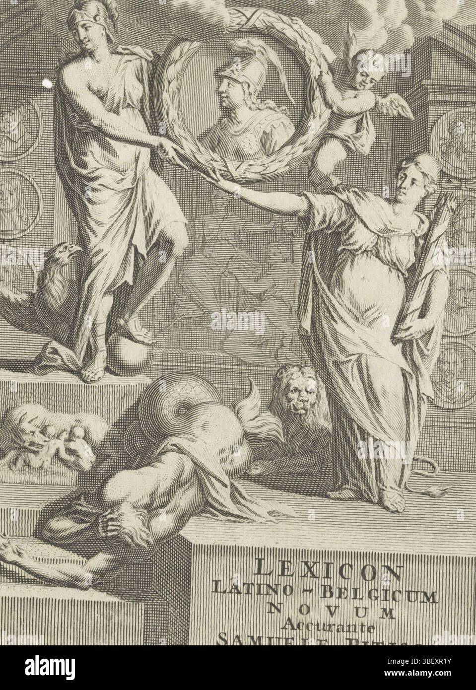 Home Page per: Samuel Pitiscus, Lexicon Latino-Belgicum novum, s.a., rappresentazione allegorica con personaggi dell'Impero olandese e romano e ritratto di Minerva, stampato verso, personificazione dei Paesi Bassi con fascio di frecce e leone e personificazione dell'Impero Romano con aquila, globo e l'immagine della pinna di lana con Romolo e Remus, reggono un ritratto di Minerva in alloro. Un merman cade per i loro piedi. Sul muro dietro di loro ritratti in medaglioni di figure dell'antichità e del loro tempo., stampa, frontespizio, stampe, altezza 186 mm, Foto Stock