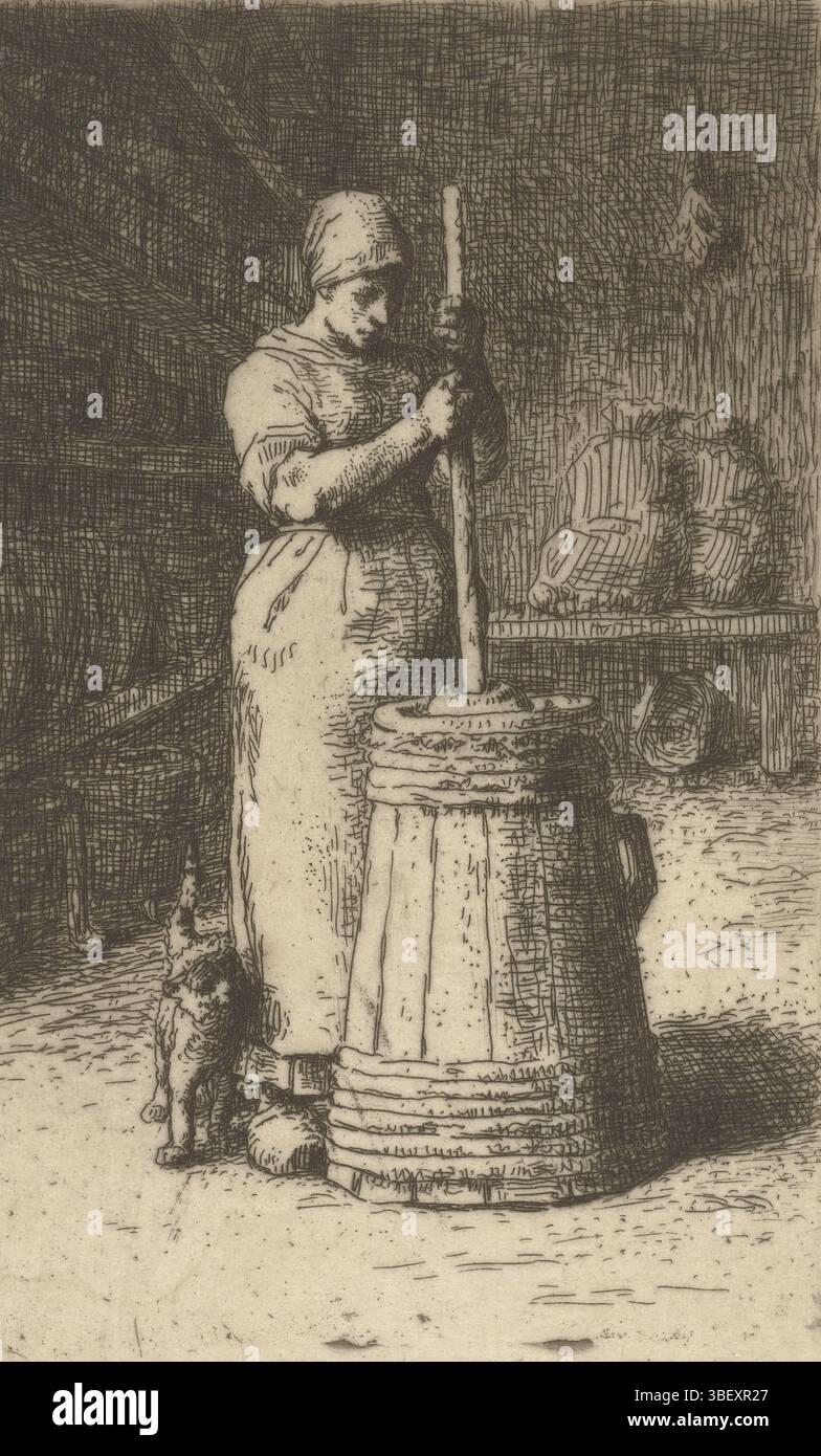 Delâtre, Auguste, Millet, Jean Francois, la barattouse, latte di karnt donna in karnton, recto proprio sotto - timbrato, Una donna sbuca il latte con un bastone di karnt in un karntone. E' in un deposito. Un gatto ruota intorno alle sue gambe., stampa, verso il basso centrale - stampigliato, verso il basso destro - stampigliato, altezza 179 mm, larghezza 116 mm, 1814-10-04 - 1875-01-20, stampatrice, 1855 - 1855, terzo quarto Ottocento, carta, incisione, concezione del lavoro, secondo il proprio disegno, francese, 1822 - 1907-07-26, stampante Foto Stock Delâtre, Auguste, Millet, Jean Francois, la barattouse, latte di karnt donna in karnton, recto proprio sotto - timbrato, Una donna sbuca il latte con un bastone di karnt in un karntone. E' in un deposito. Un gatto ruota intorno alle sue gambe., stampa, verso il basso centrale - stampigliato, verso il basso destro - stampigliato, altezza 179 mm, larghezza 116 mm, 1814-10-04 - 1875-01-20, stampatrice, 1855 - 1855, terzo quarto Ottocento, carta, incisione, concezione del lavoro, secondo il proprio disegno, francese, 1822 - 1907-07-26, stampante Foto Stock