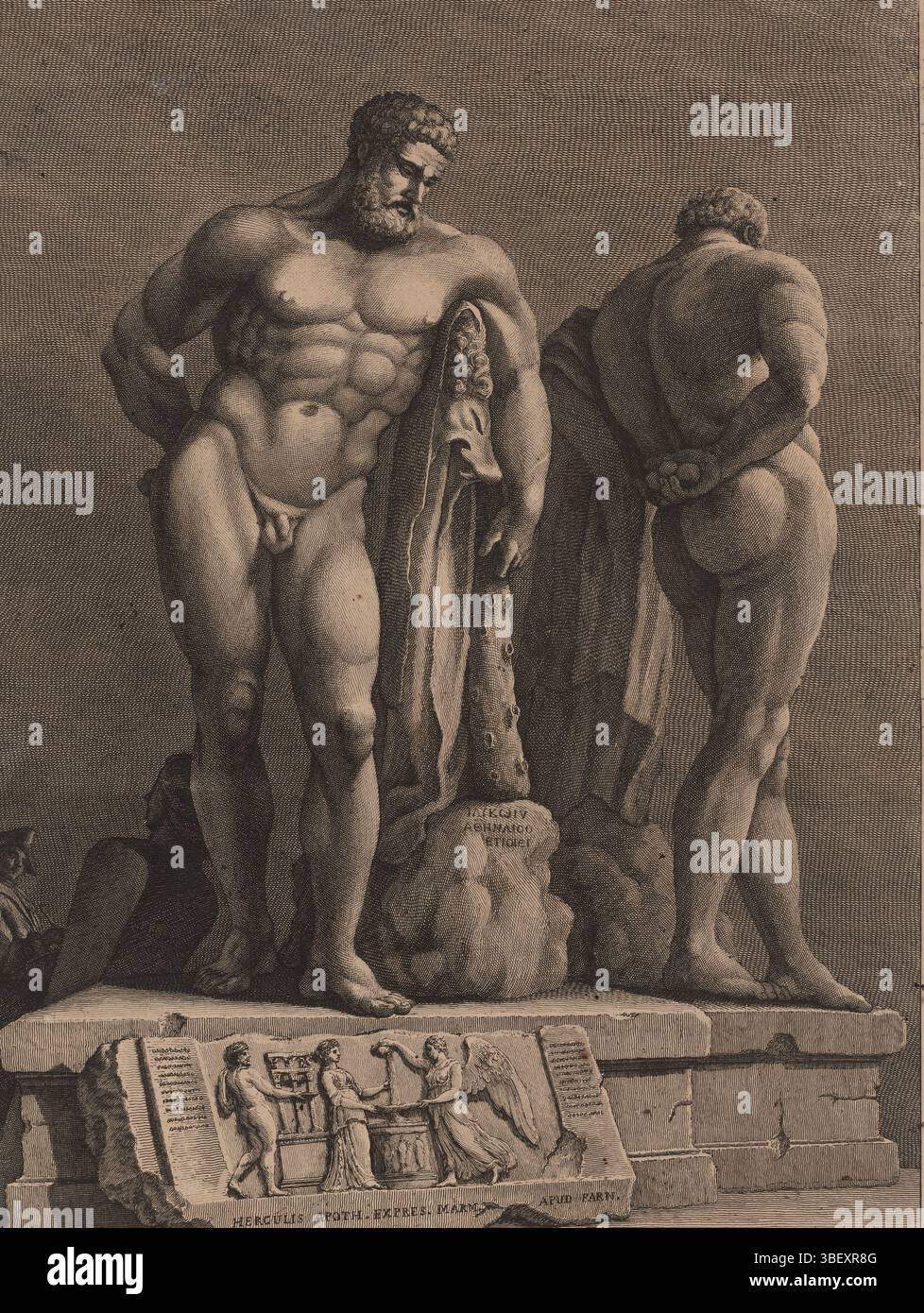 Sconosciuto, Italia, vasi, Giuseppe, l'Ercole di Farnese disegnato in due vedute opposte, le Hercule de Farnese dessine sous deux Points de vue opposez, Ercole Farnese, sconosciuto, verso ontvel - timbrato, scultura antica conosciuta come Ercole Farnese, esposta due volte. Lasciato dietro un disegnatore e in primo piano un bassorilievo. Nei titoli con margine inferiore, testo italiano a cinque righe e testo francese a sette righe., stampa, altezza 502 mm, larghezza 320 mm, italiano, 1710-08-28 - 1782-04-16, stampatore, 1773 - 1773, terzo quarto XVIII secolo, carta, incisione, concezione del lavoro, secondo il proprio disegno di, in immagine di Foto Stock