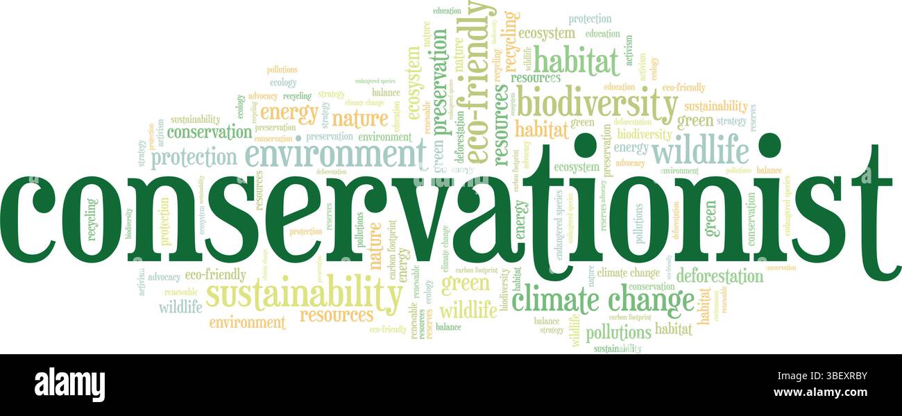 Progettazione concettuale di cloud Word conservazionista isolata su sfondo bianco. Illustrazione Vettoriale