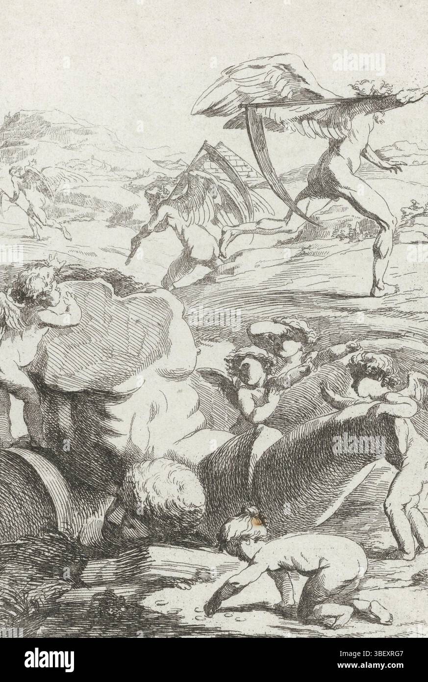 Paesi Bassi, allegorie on time, Paesi Bassi, timbrato verso, allegorie on time: Putti ad una colossale immagine antica che si trova a pezzi davanti a loro. Sullo sfondo tre volte la figura del padre tempo che fluttua con una falce sulla spalla., stampa, altezza 204 mm, larghezza 143 mm, stampatore, 1700 - 1749, terzo quarto xvii secolo, quarto xvii secolo, primo quarto xviii secolo, secondo quarto xviii secolo, carta, incisione, incisione Foto Stock